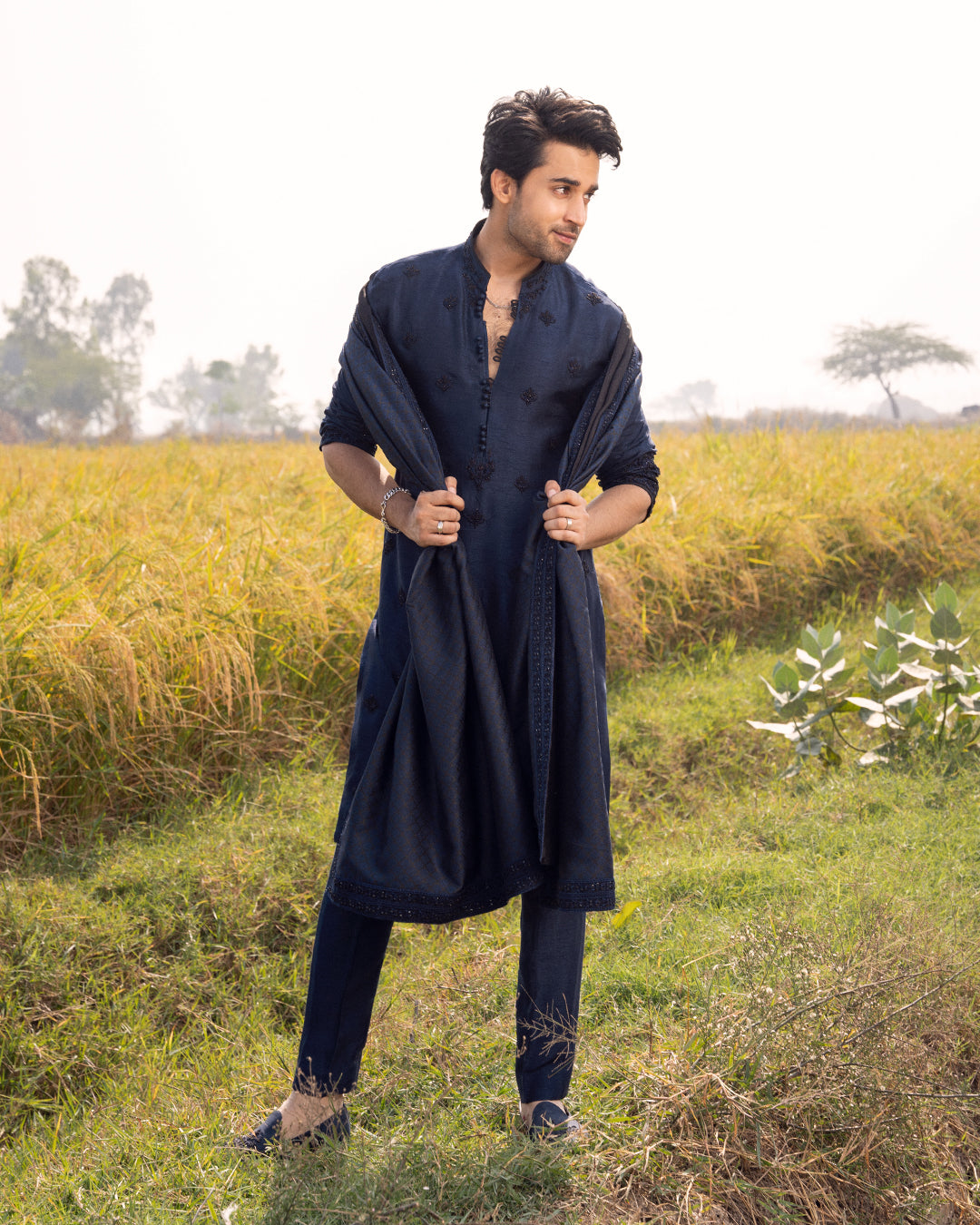 Navy Embroidered Korean Raw Silk Kurta Set (3-Piece) - Image 1