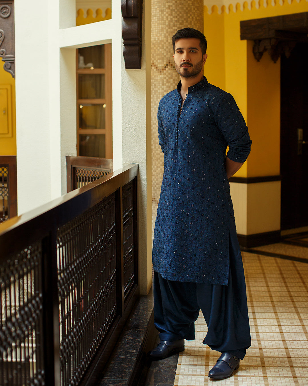 Navy Blue Embellished Karandi Kurta Set (3-Piece) - Image 1