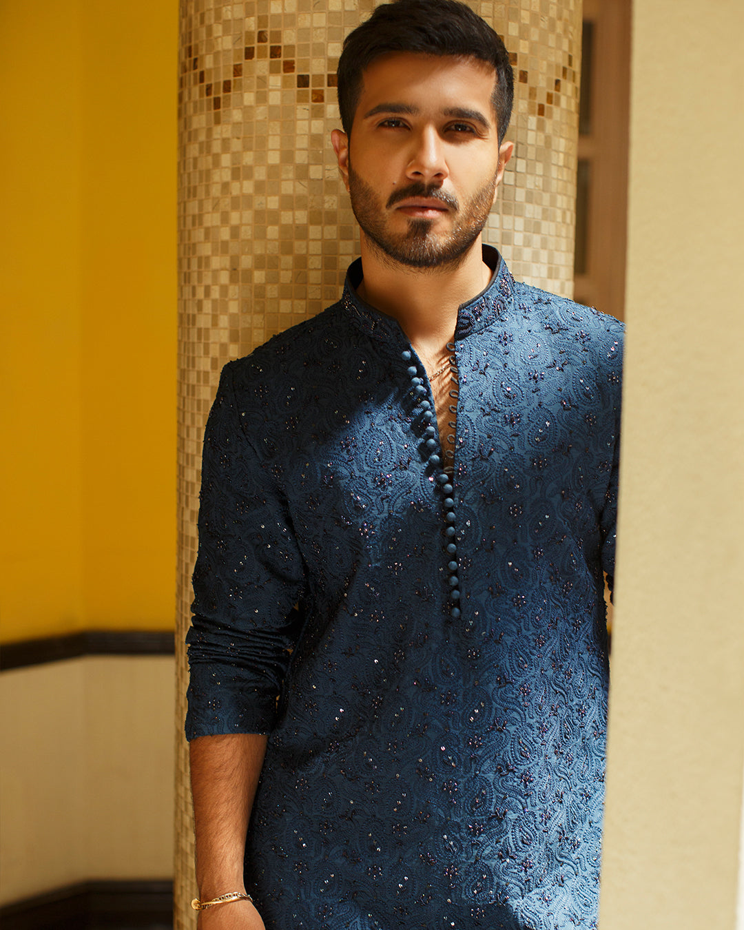 Navy Blue Embellished Karandi Kurta Set (3-Piece) - Image 2