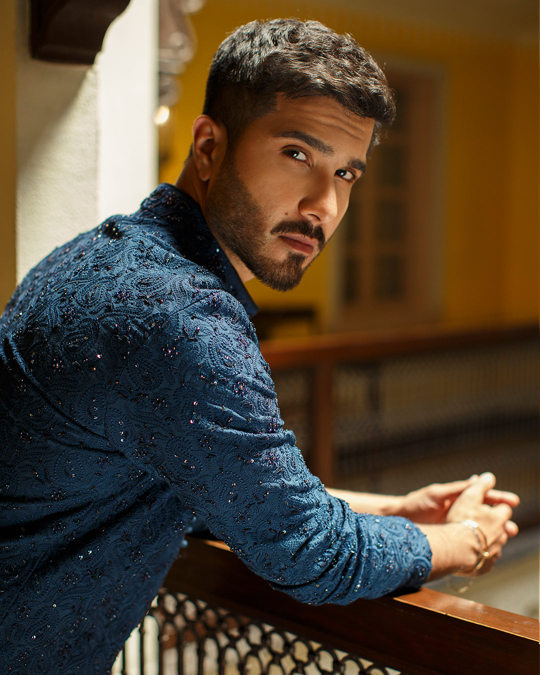 Navy Blue Embellished Karandi Kurta Set (3-Piece) - Image 3