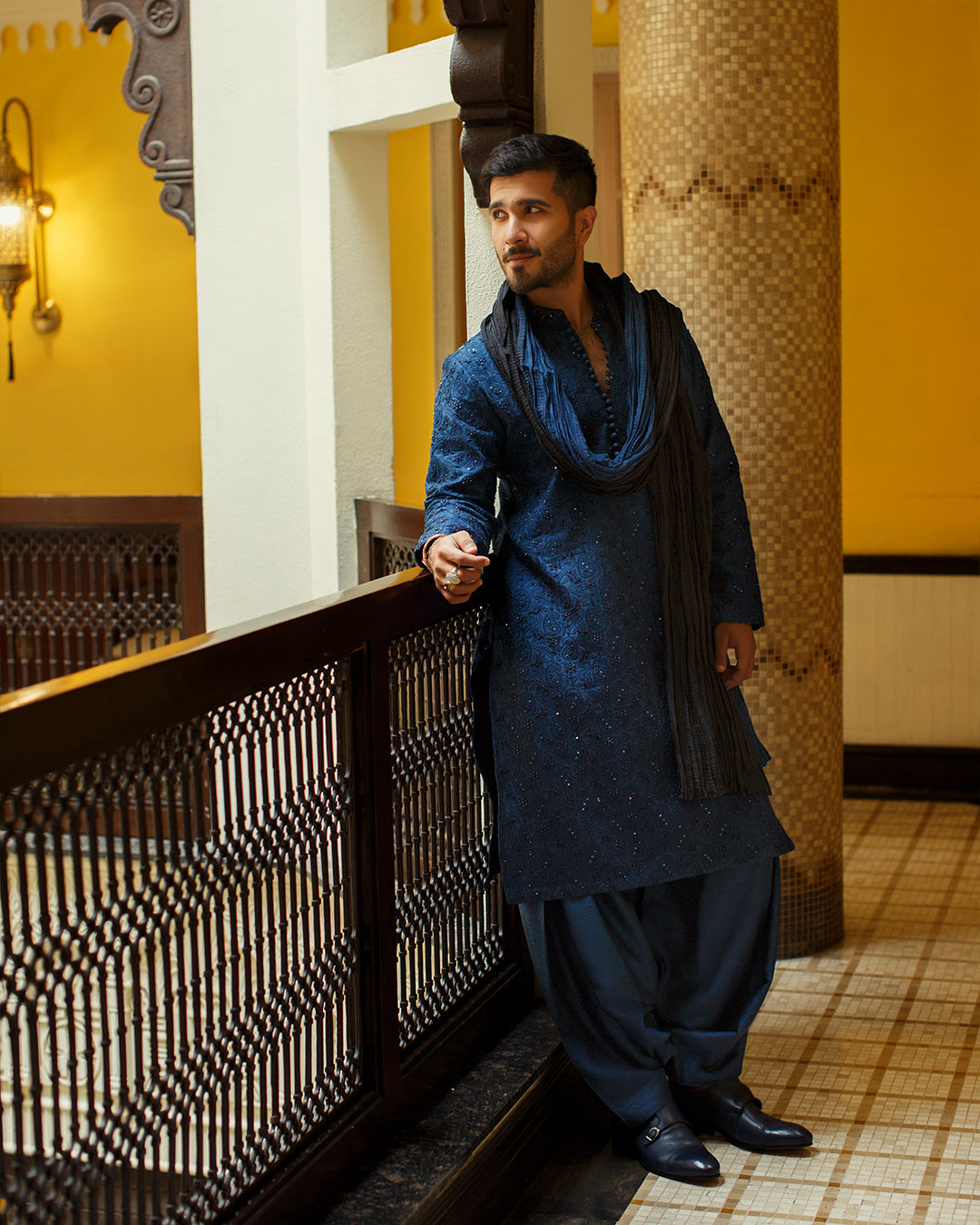 Navy Blue Embellished Karandi Kurta Set (3-Piece) - Image 4