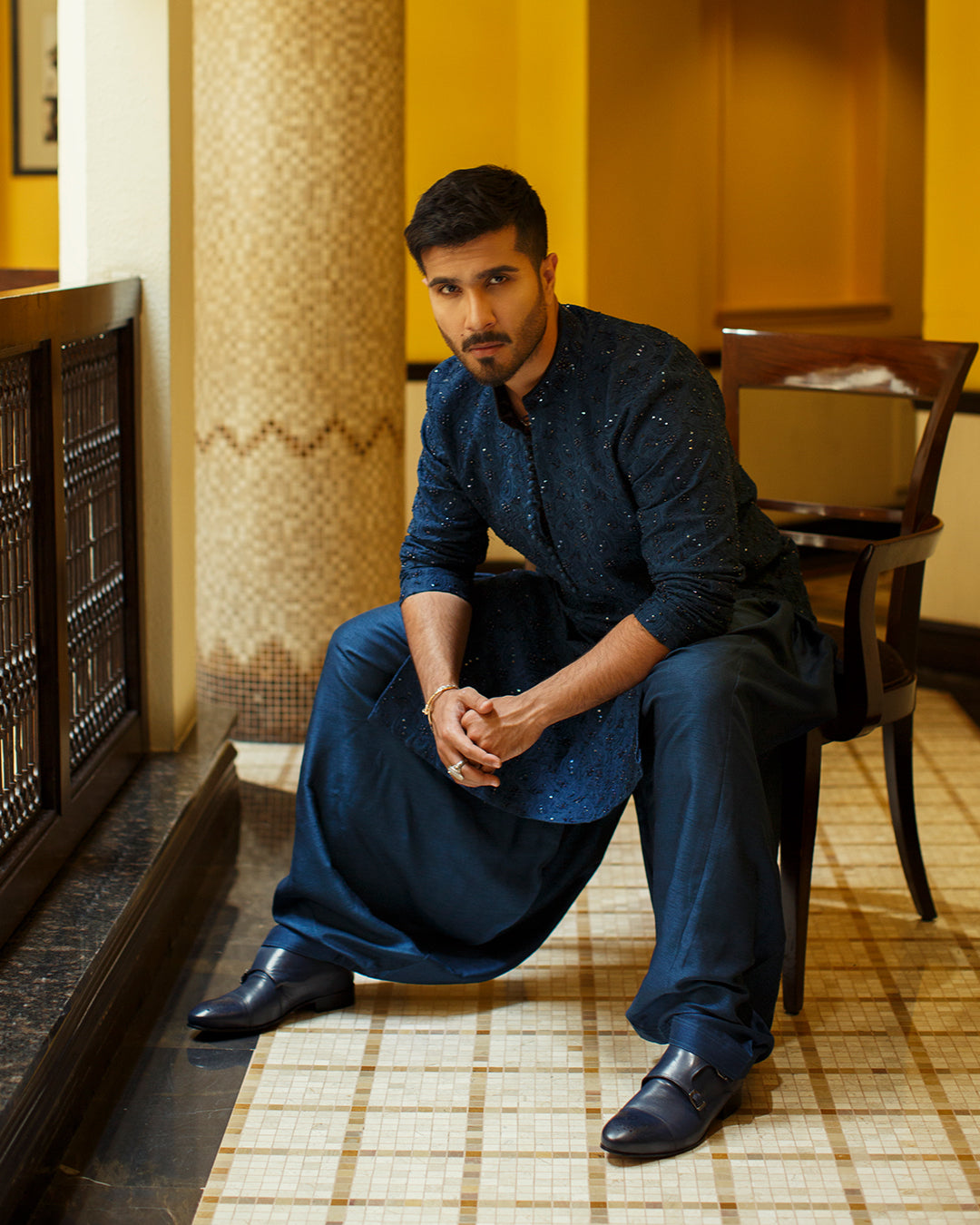 Navy Blue Embellished Karandi Kurta Set (3-Piece) - Image 5