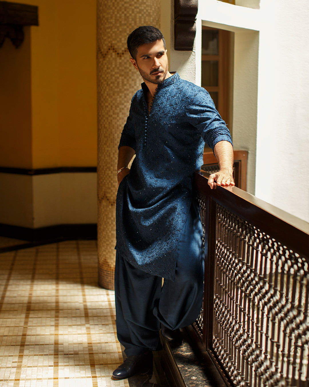 Navy Blue Embellished Karandi Kurta Set (3-Piece) - Image 6