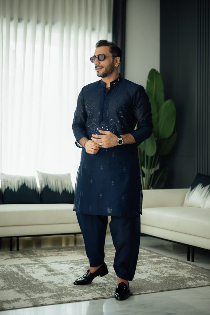 Navy Blue Mirror Embroidered Kurta Shalwar (2-Piece) - Image 1