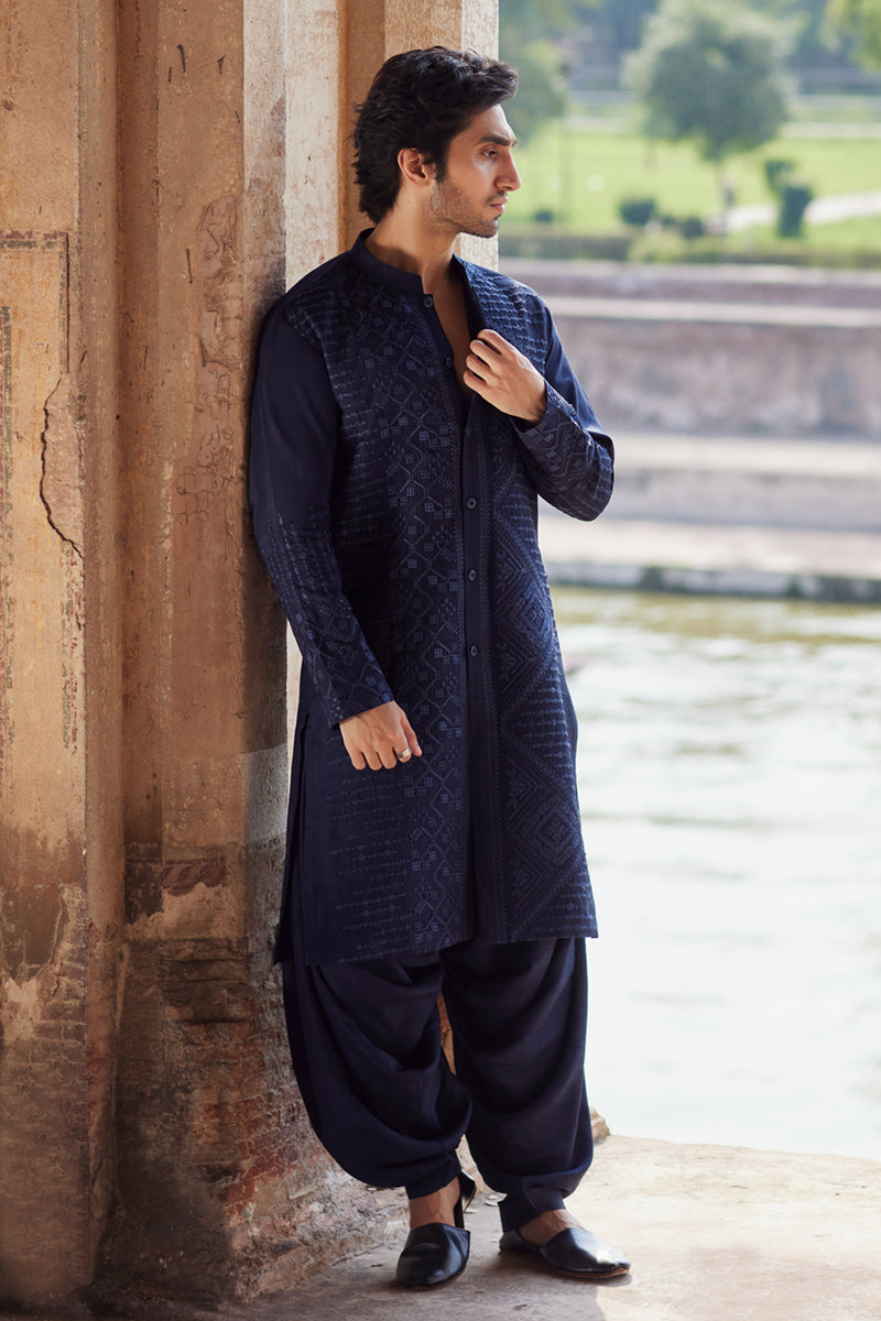 Navy Blue Embroidered Raw Silk Shalwar Kameez (2-Piece) - Image 1