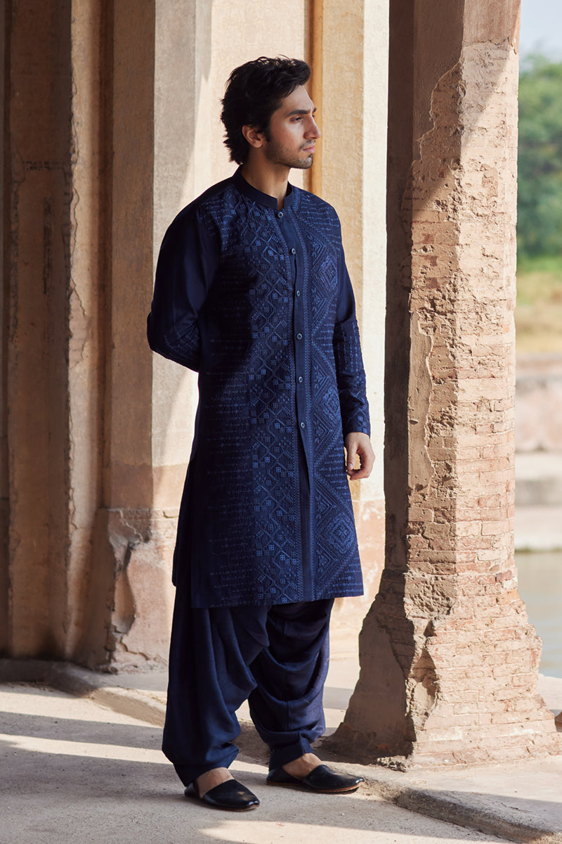 Navy Blue Embroidered Raw Silk Shalwar Kameez (2-Piece) - Image 2