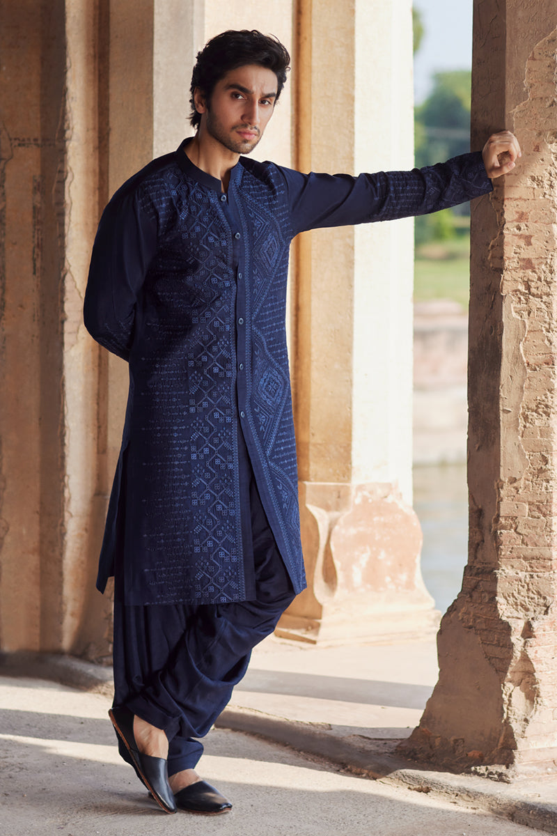 Navy Blue Embroidered Raw Silk Shalwar Kameez (2-Piece) - Image 3