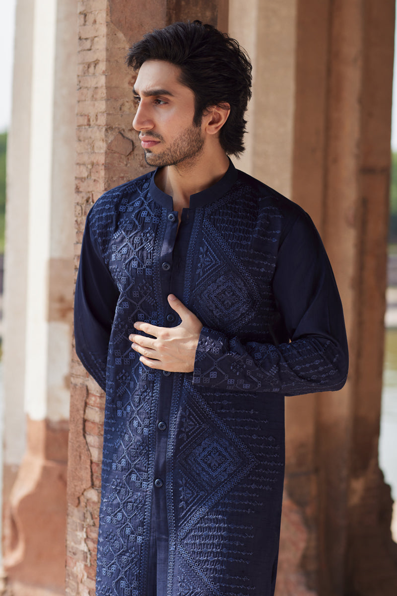 Navy Blue Embroidered Raw Silk Shalwar Kameez (2-Piece) - Image 4