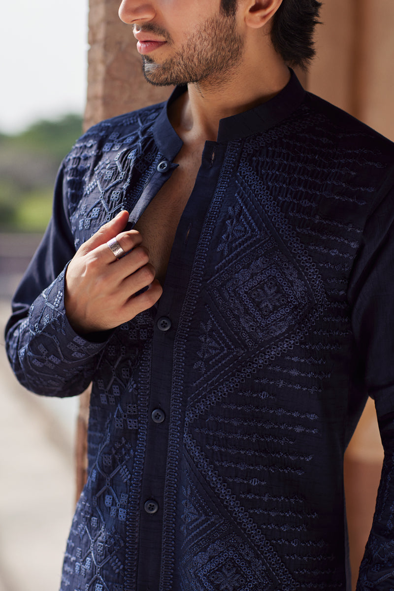 Navy Blue Embroidered Raw Silk Shalwar Kameez (2-Piece) - Image 5