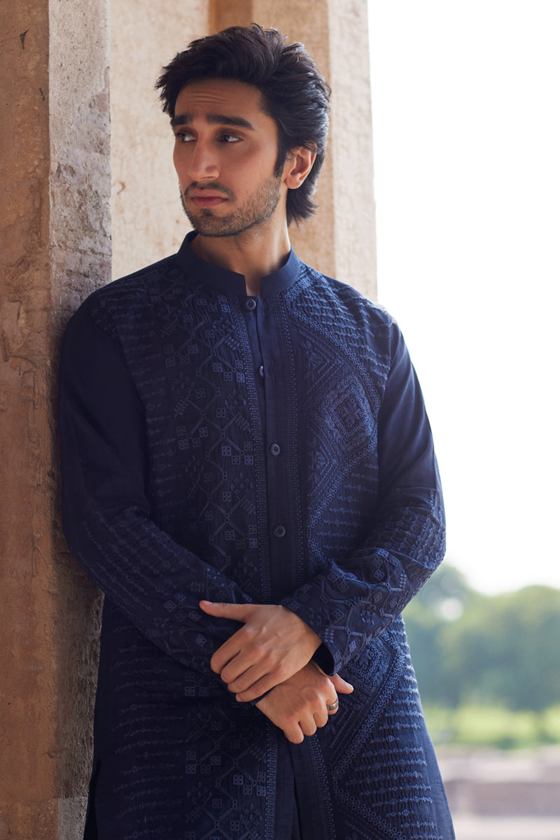 Navy Blue Embroidered Raw Silk Shalwar Kameez (2-Piece) - Image 6