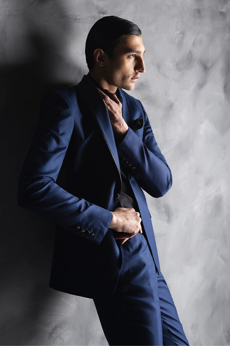 Navy Blue Satin-Trim Satin Silk Tuxedo (2-Piece) - Image 3