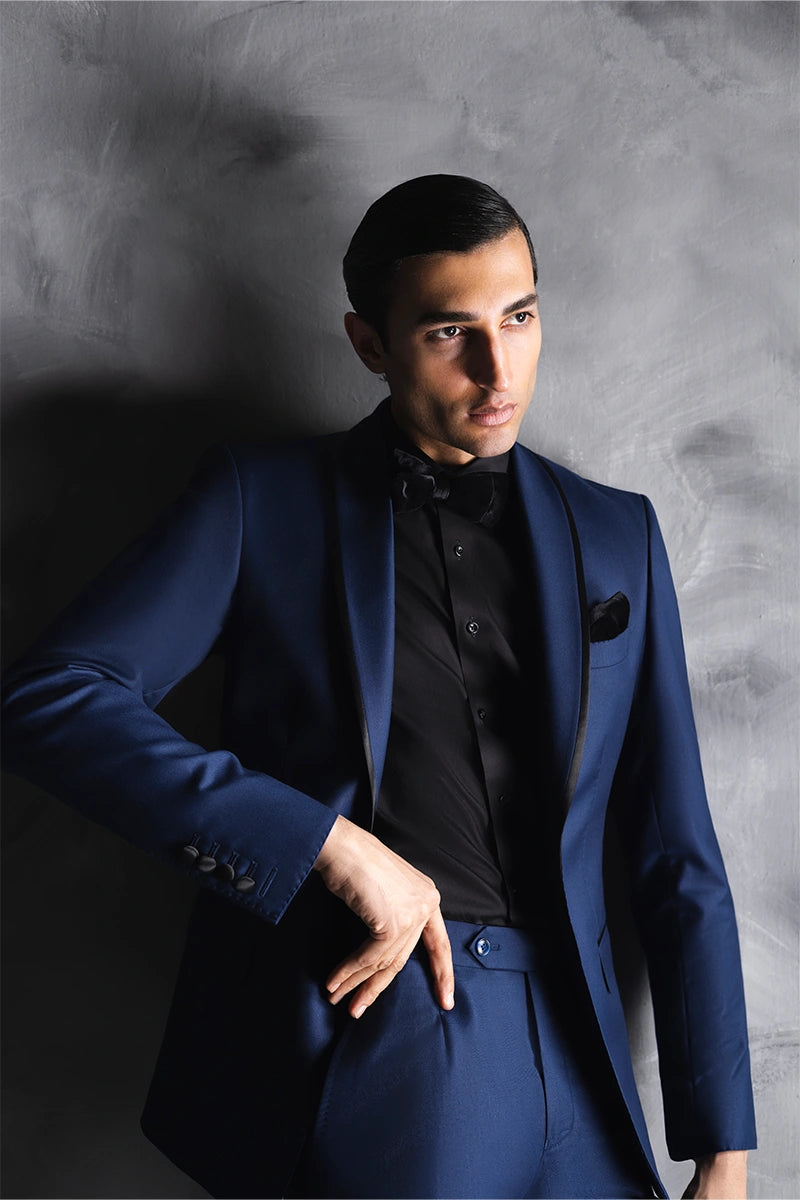 Navy Blue Satin-Trim Satin Silk Tuxedo (2-Piece) - Image 4