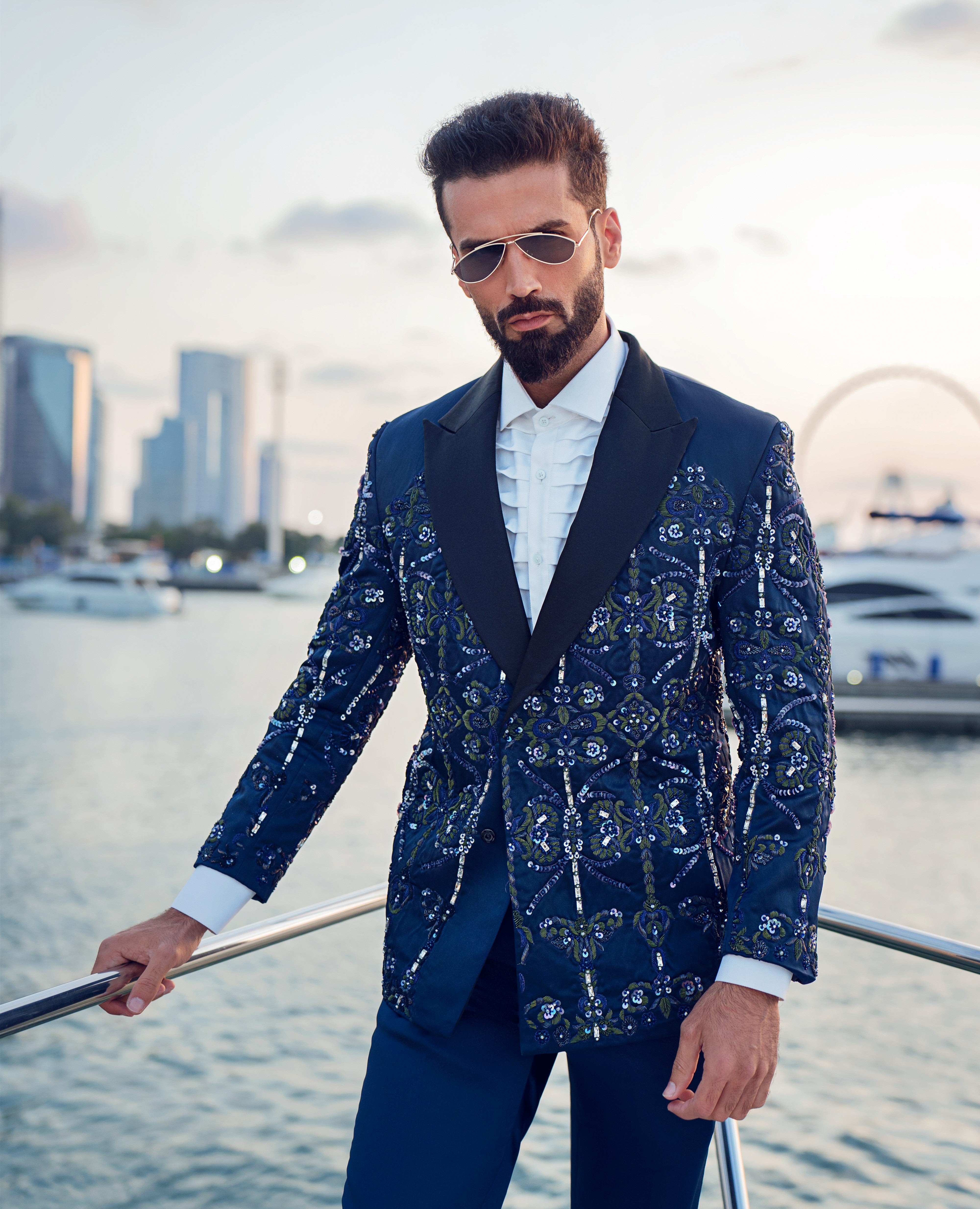 Navy Embellished Satin Silk Double-Breasted Tuxedo (2-Piece) - Image 1