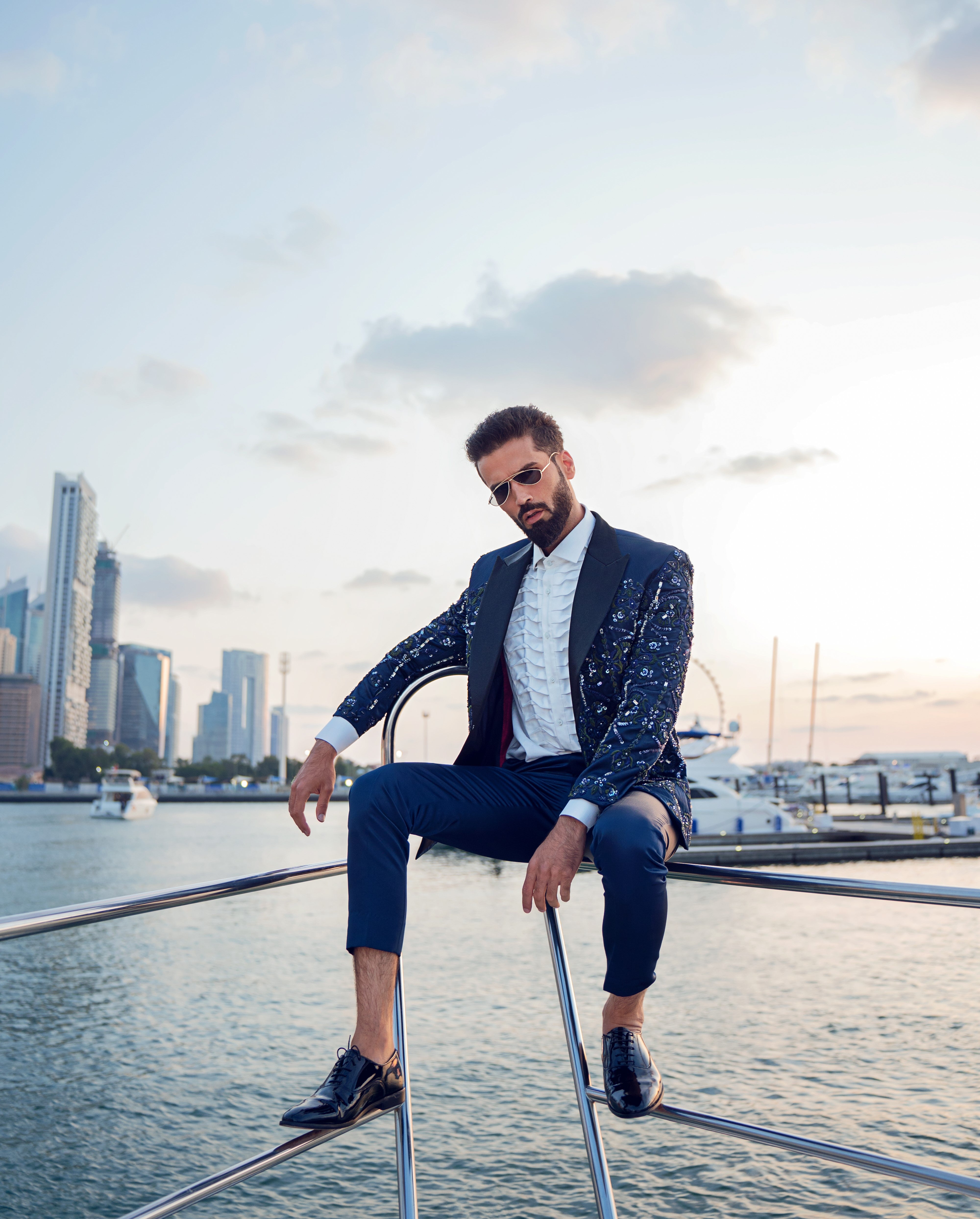 Navy Embellished Satin Silk Double-Breasted Tuxedo (2-Piece) - Image 2