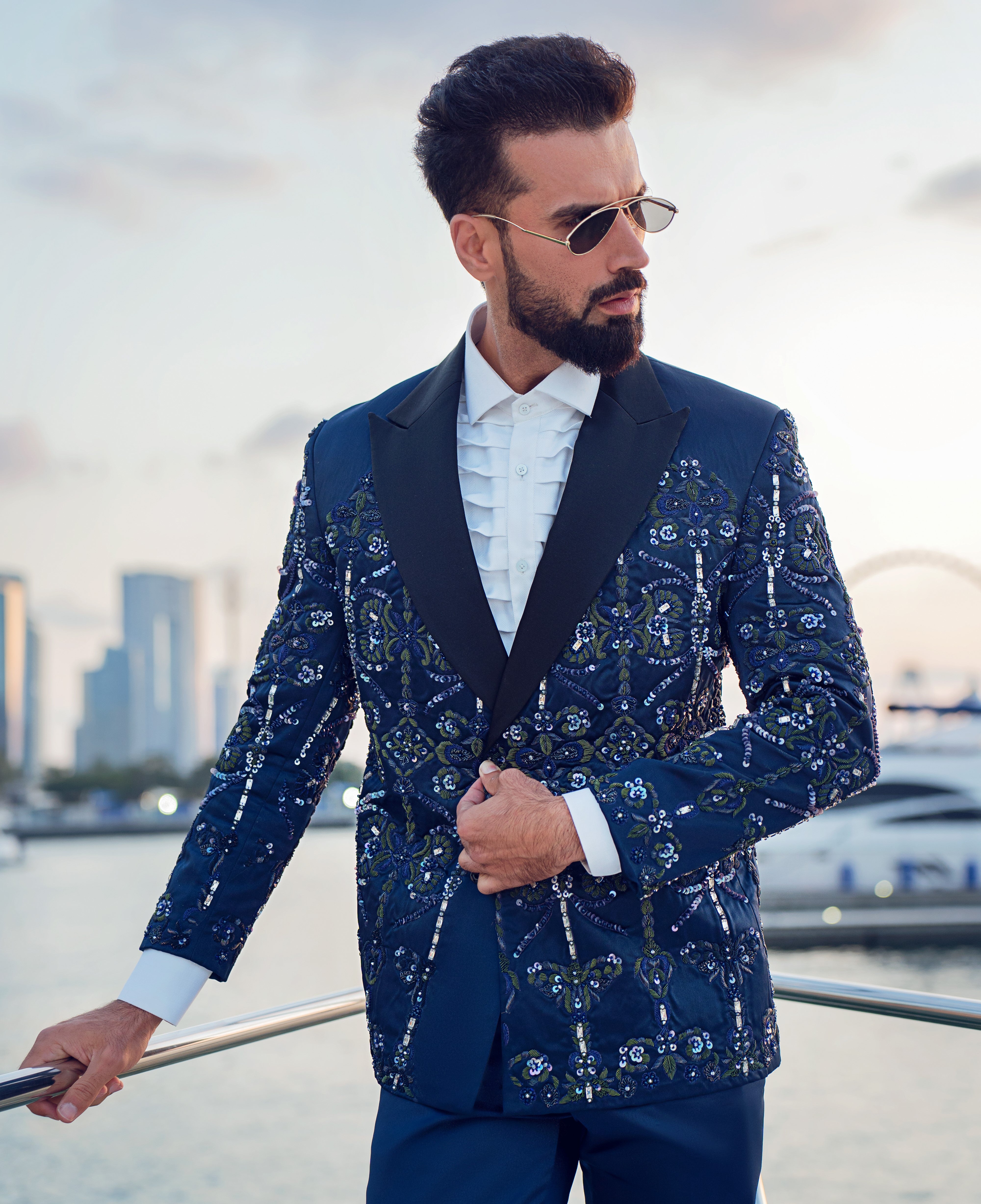 Navy Embellished Satin Silk Double-Breasted Tuxedo (2-Piece) - Image 3