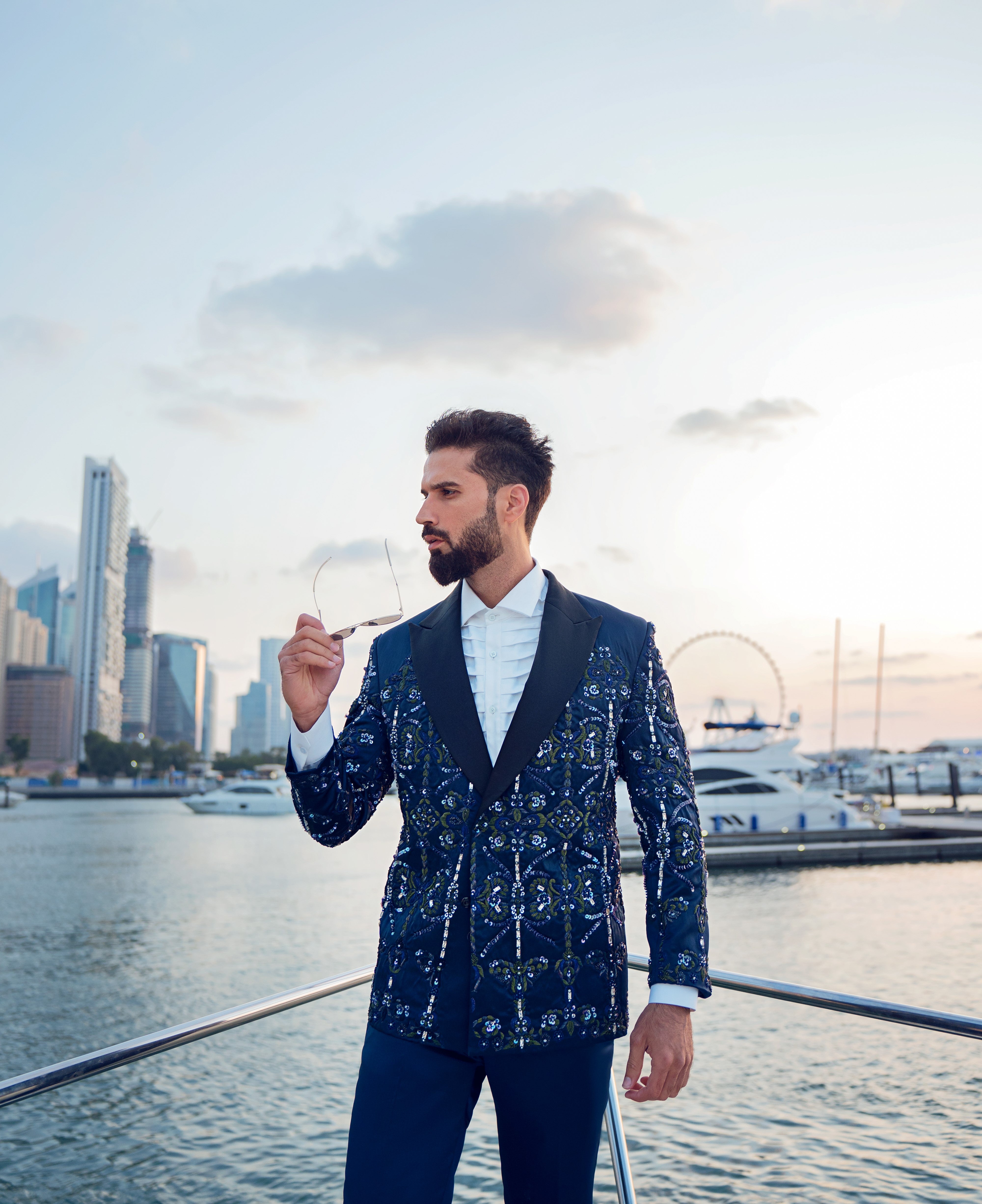 Navy Embellished Satin Silk Double-Breasted Tuxedo (2-Piece) - Image 4