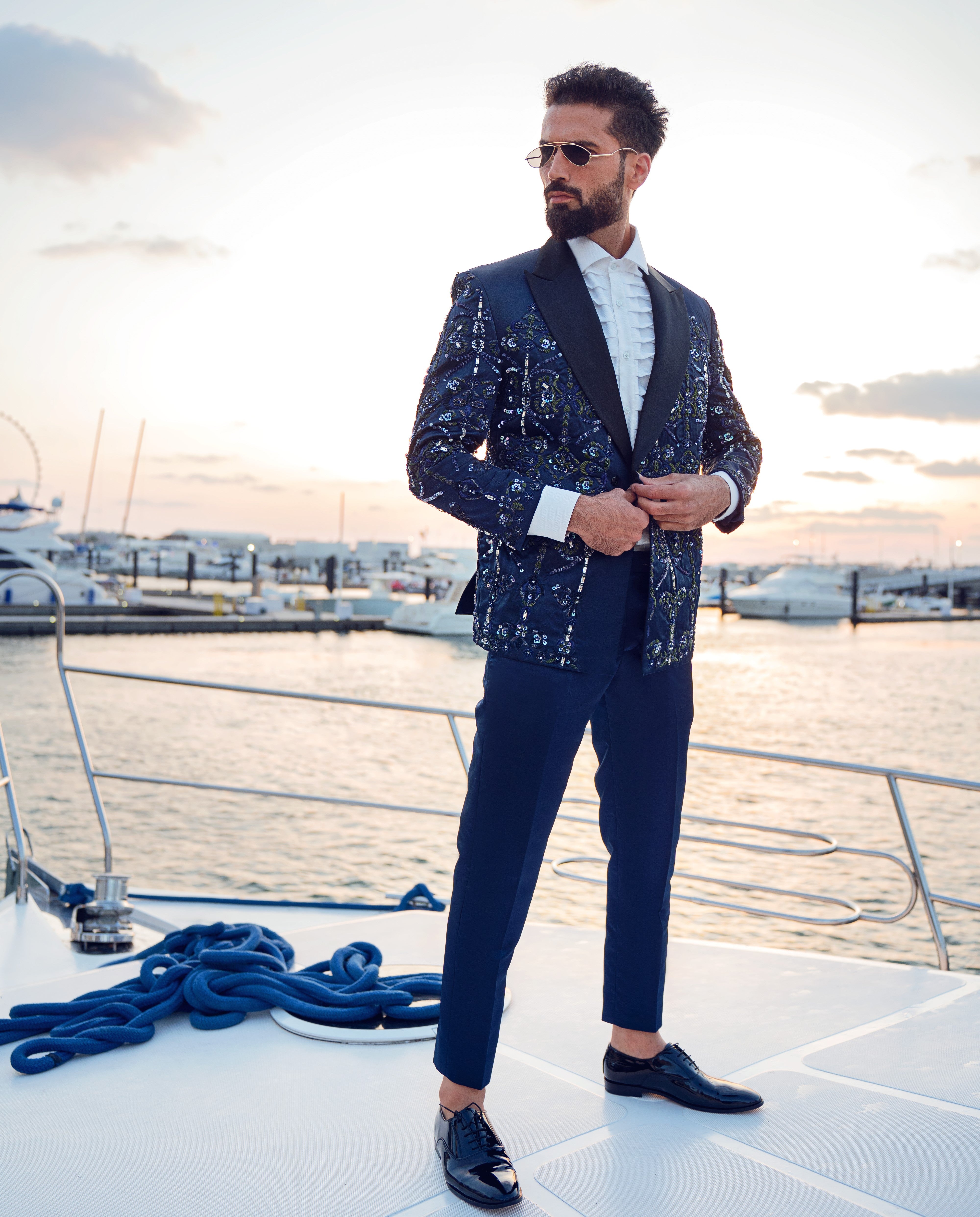 Navy Embellished Satin Silk Double-Breasted Tuxedo (2-Piece) - Image 5