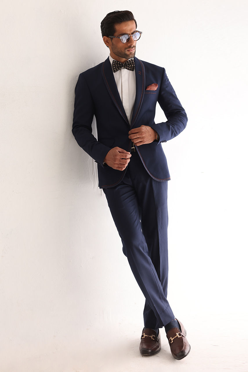 Navy Blue Contrasting Stitch Suiting Two-Piece (Jacket & Trousers) - Image 1