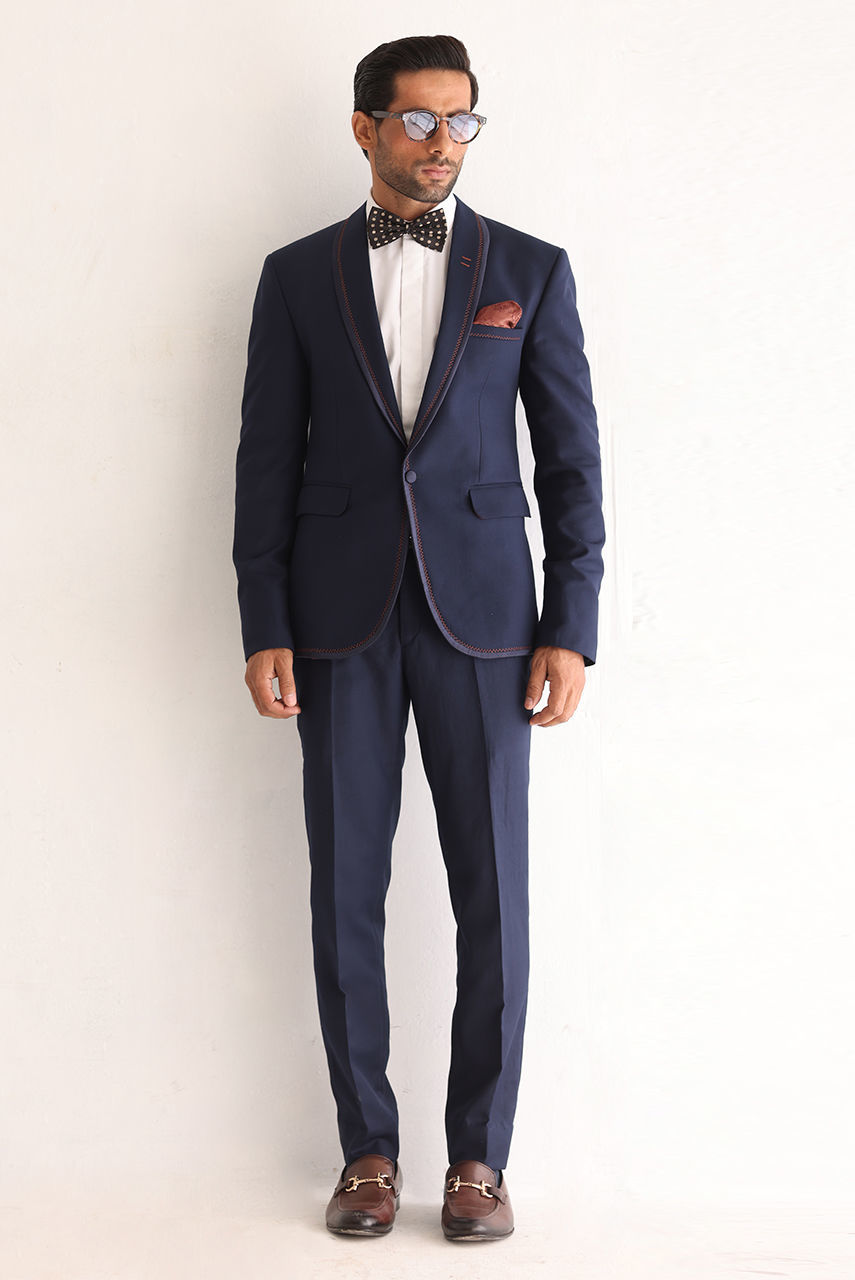 Navy Blue Contrasting Stitch Suiting Two-Piece (Jacket & Trousers) - Image 2