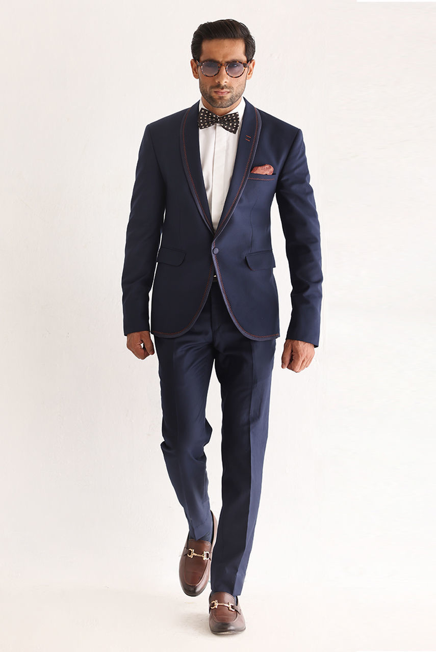 Navy Blue Contrasting Stitch Suiting Two-Piece (Jacket & Trousers) - Image 4
