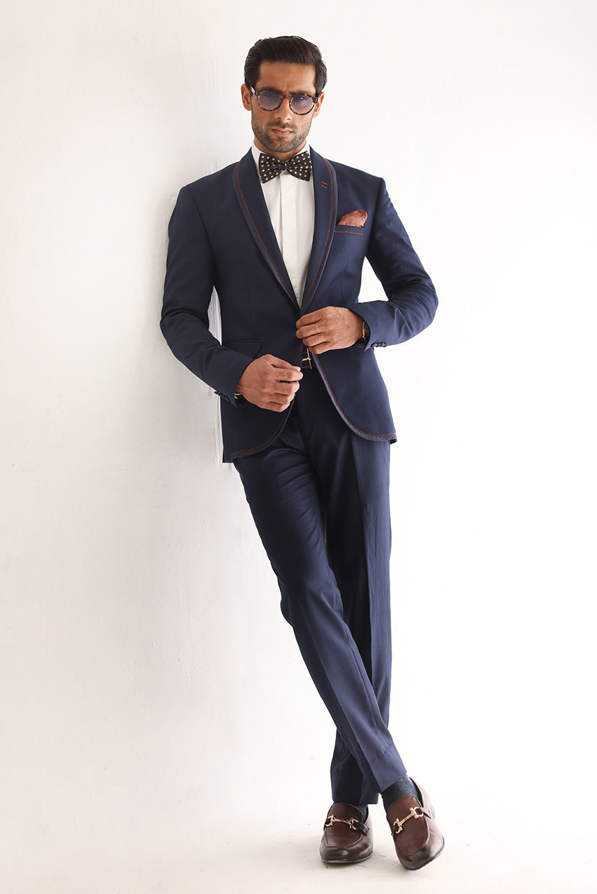 Navy Blue Contrasting Stitch Suiting Two-Piece (Jacket & Trousers) - Image 5