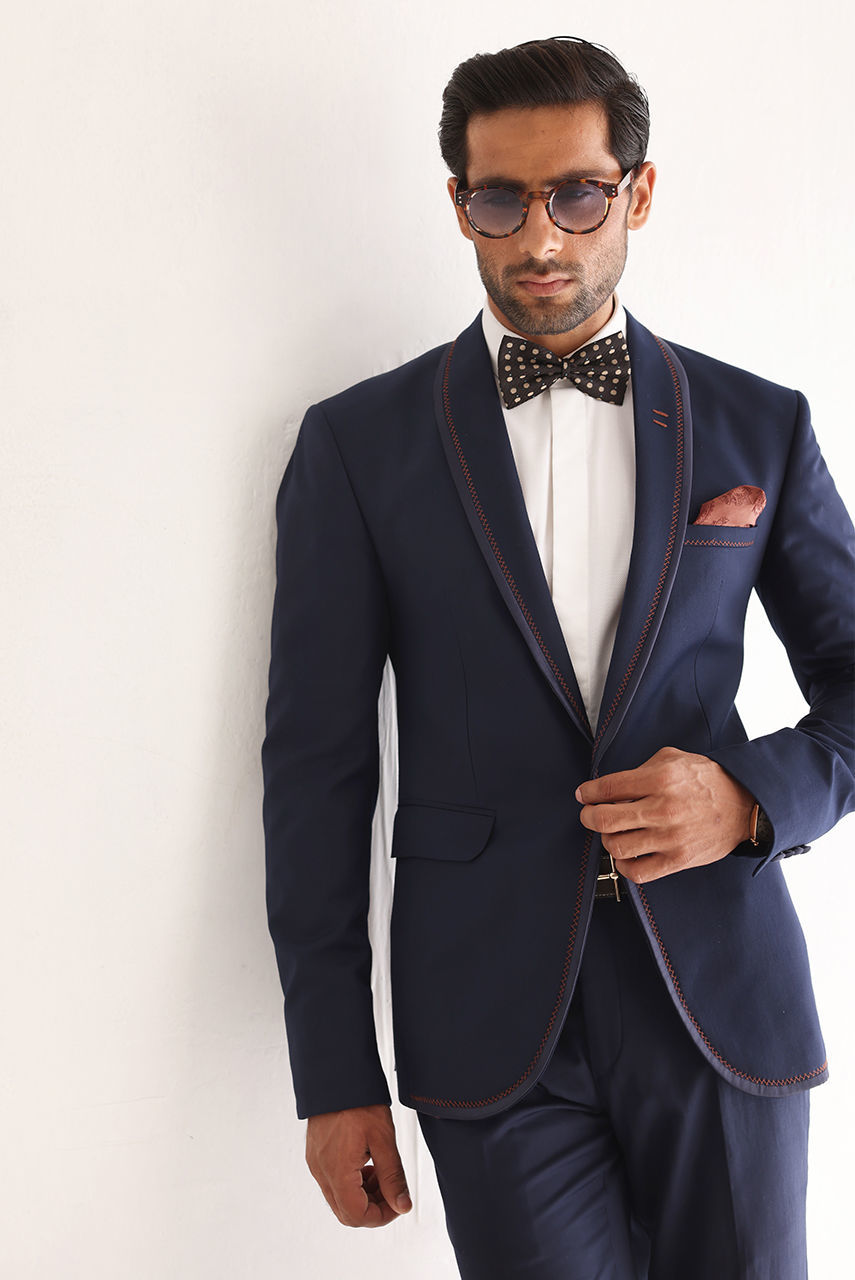 Navy Blue Contrasting Stitch Suiting Two-Piece (Jacket & Trousers) - Image 6