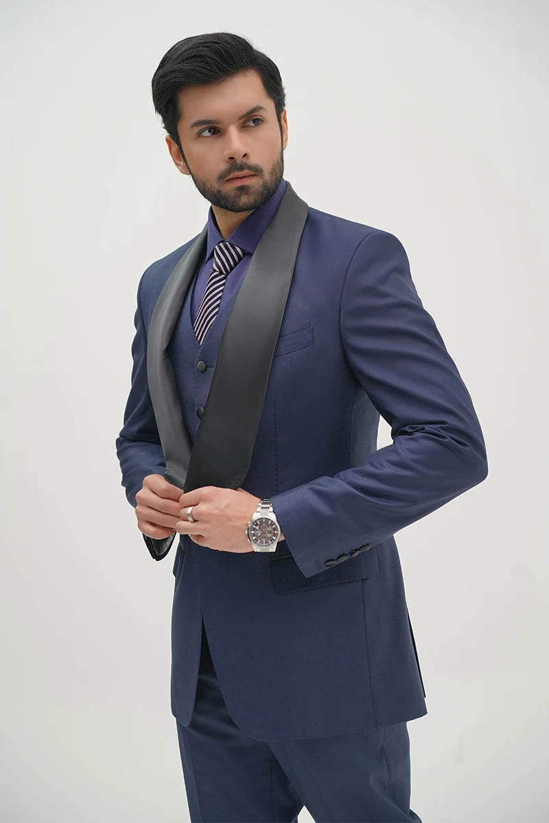 Navy Blue Satin-Lapel Three-Piece Tuxedo Suit - Image 2