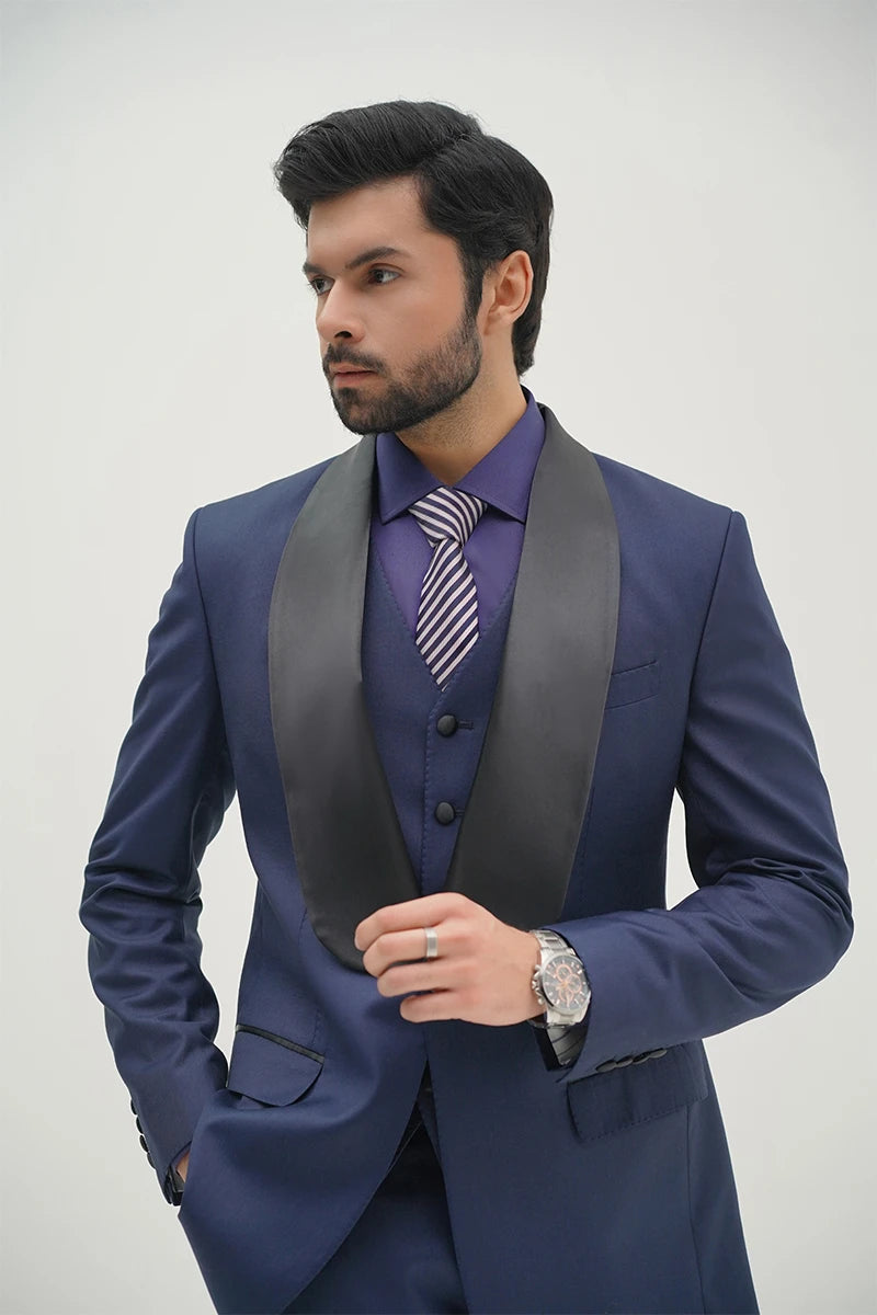 Navy Blue Satin-Lapel Three-Piece Tuxedo Suit - Image 3