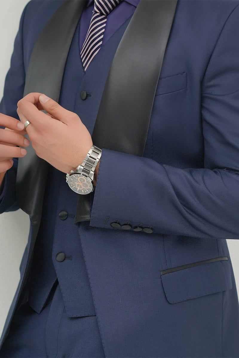 Navy Blue Satin-Lapel Three-Piece Tuxedo Suit - Image 4