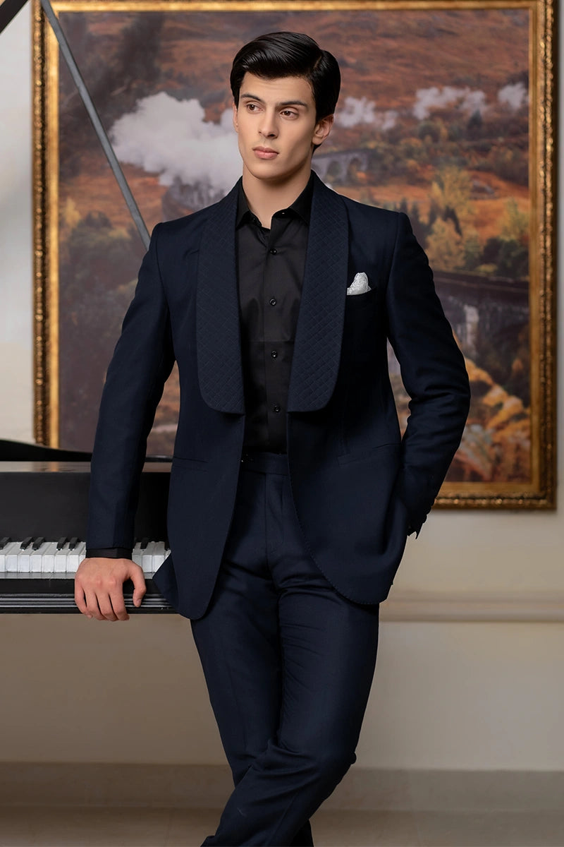 Navy Blue Quilted Wool-Blend Tuxedo (2-Piece) - Image 2