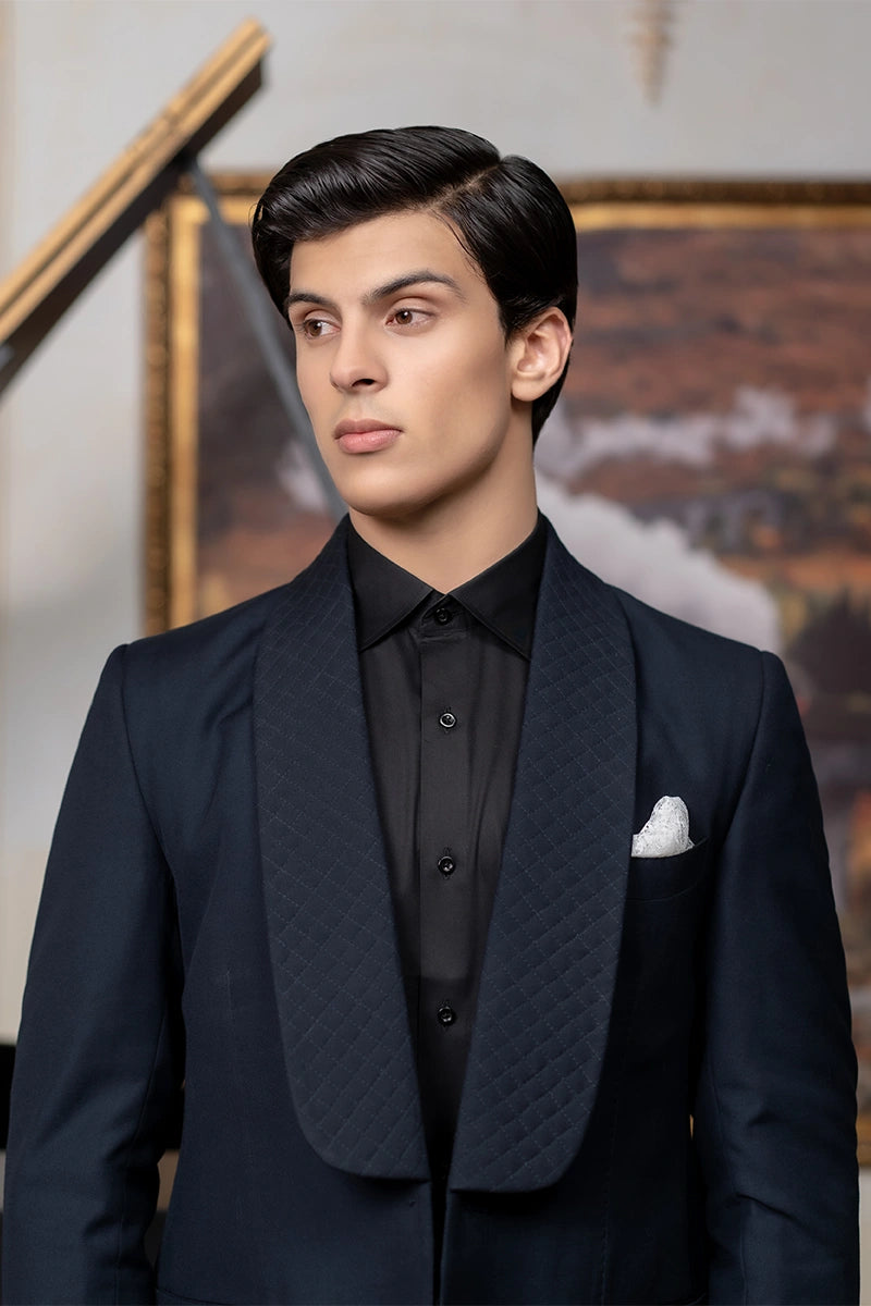 Navy Blue Quilted Wool-Blend Tuxedo (2-Piece) - Image 3