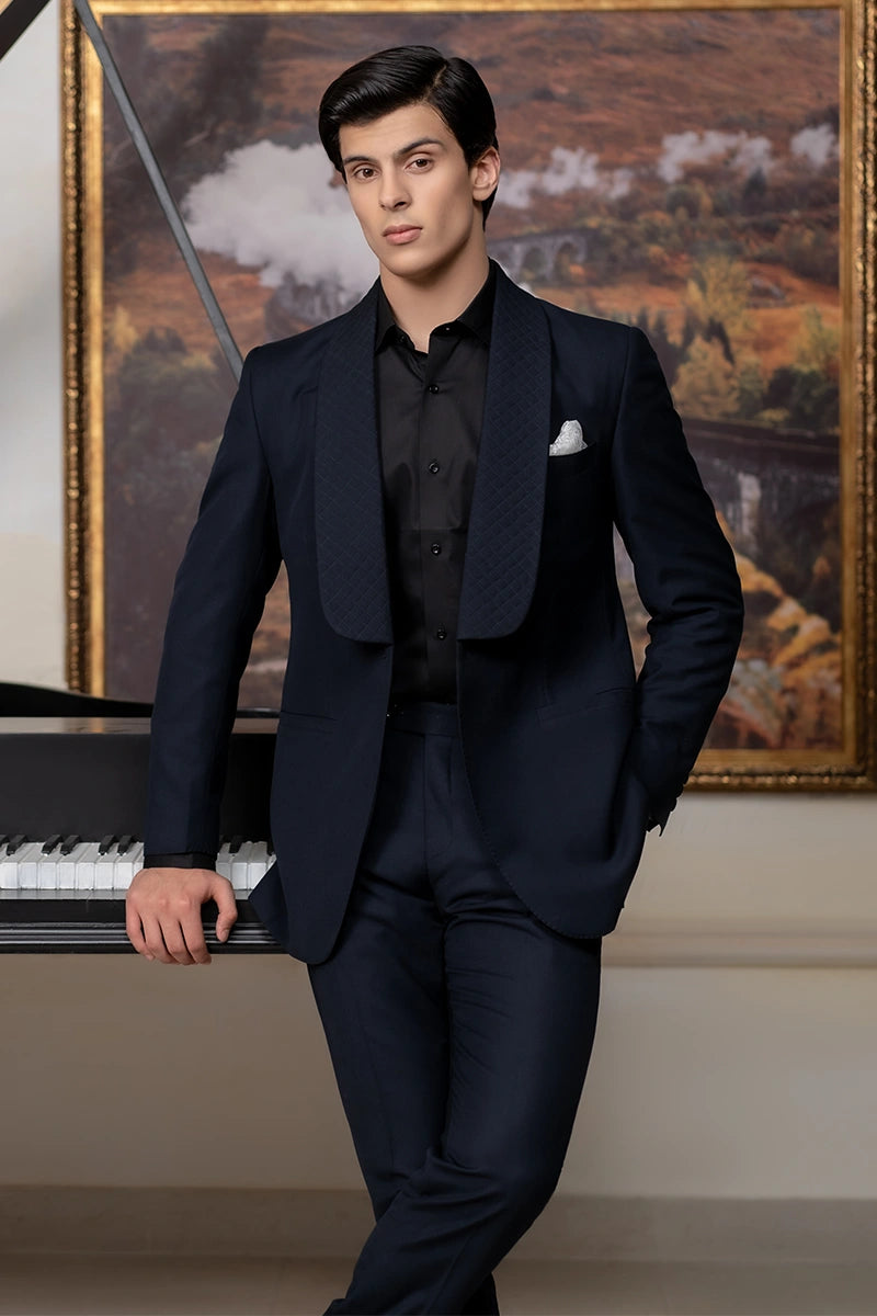 Navy Blue Quilted Wool-Blend Tuxedo (2-Piece) - Image 4