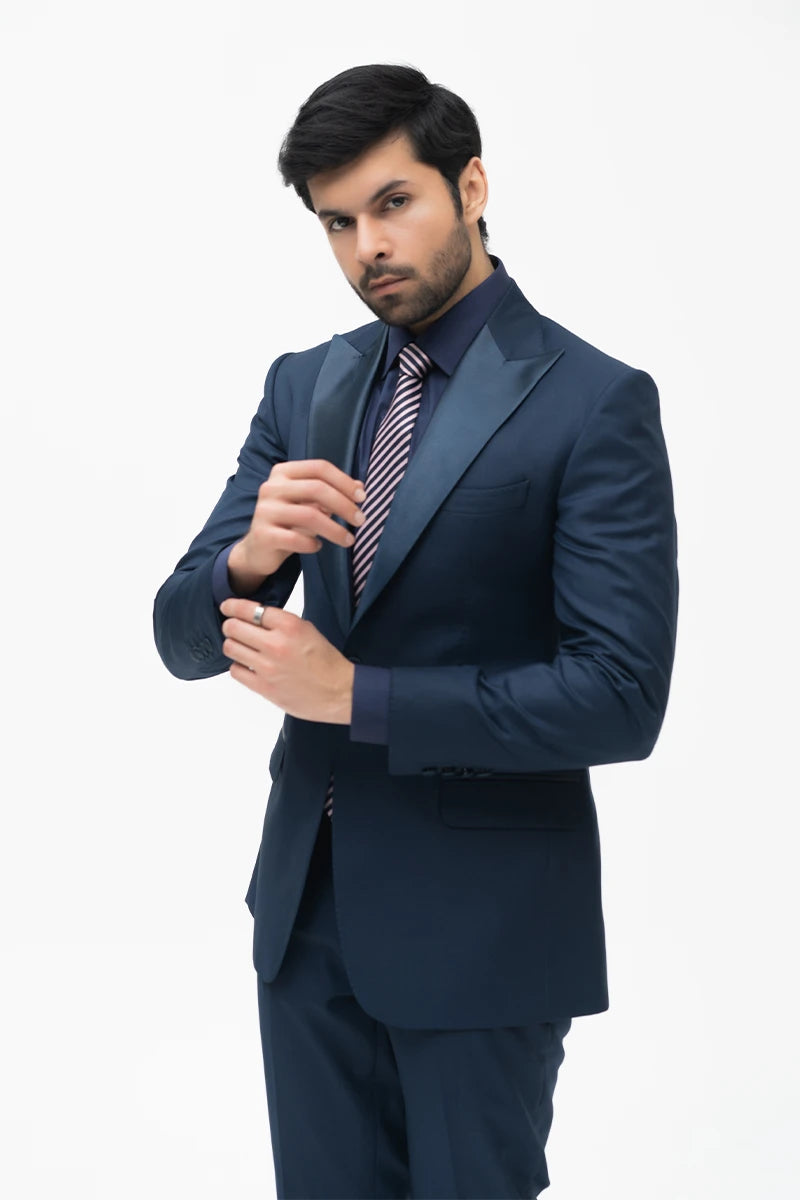 Navy Blue Satin Lapel Wool Blend Tuxedo (2-Piece) - Image 2
