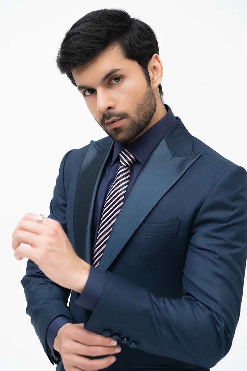 Navy Blue Satin Lapel Wool Blend Tuxedo (2-Piece) - Image 3