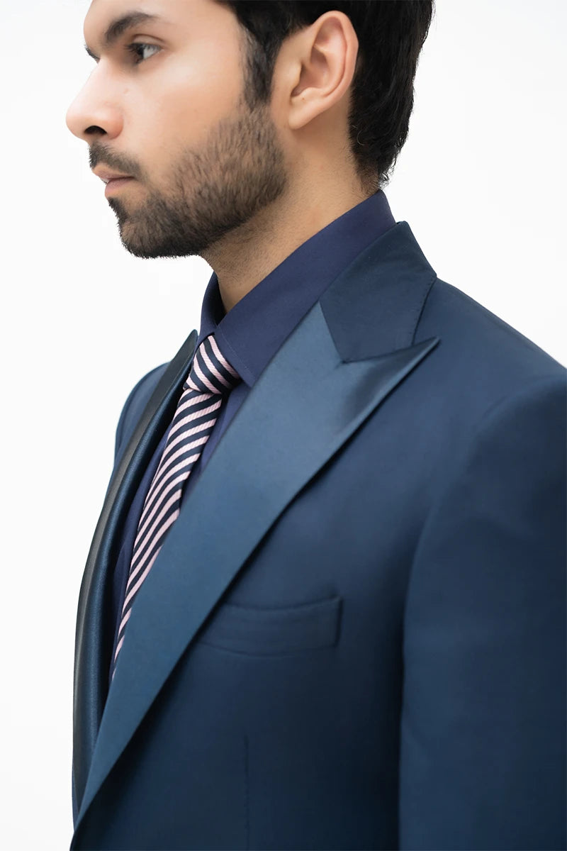 Navy Blue Satin Lapel Wool Blend Tuxedo (2-Piece) - Image 4