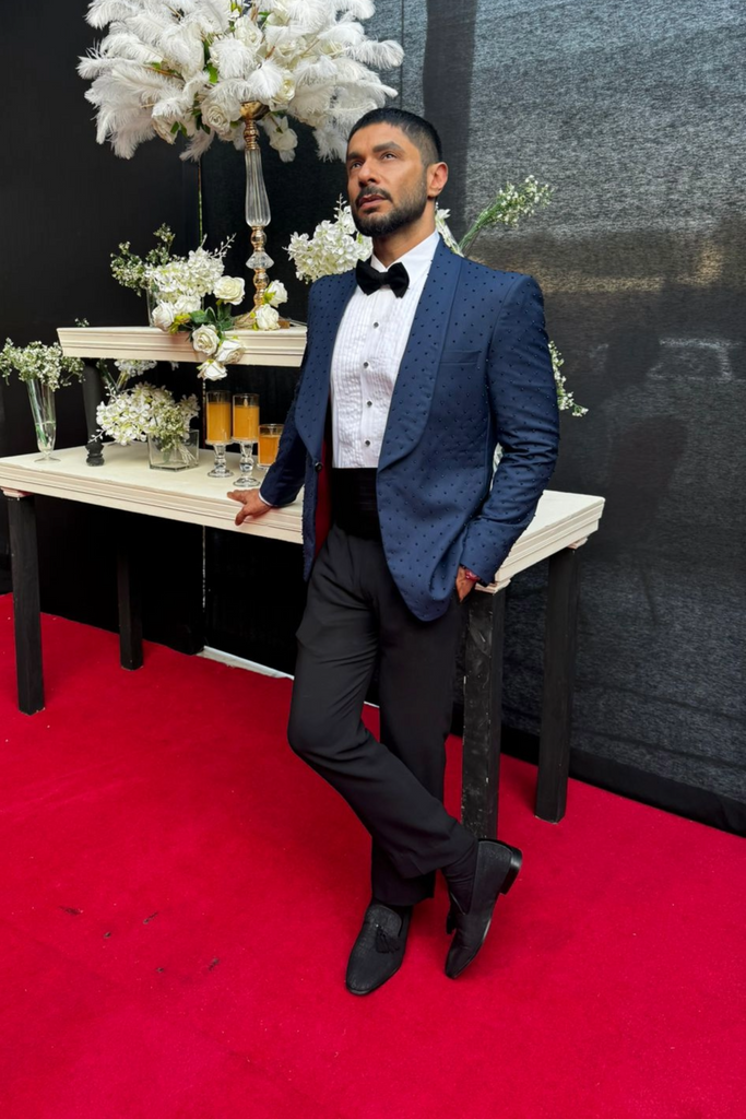 Navy Blue Beaded Wool-Blend Tuxedo Jacket (3-Piece) - Image 1