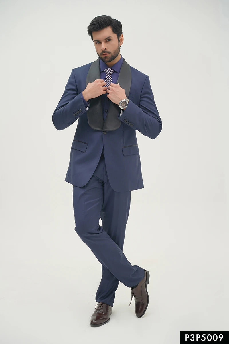 Navy Blue Satin-Lapel Tropical Wool Tuxedo (3-Piece) - Image 1