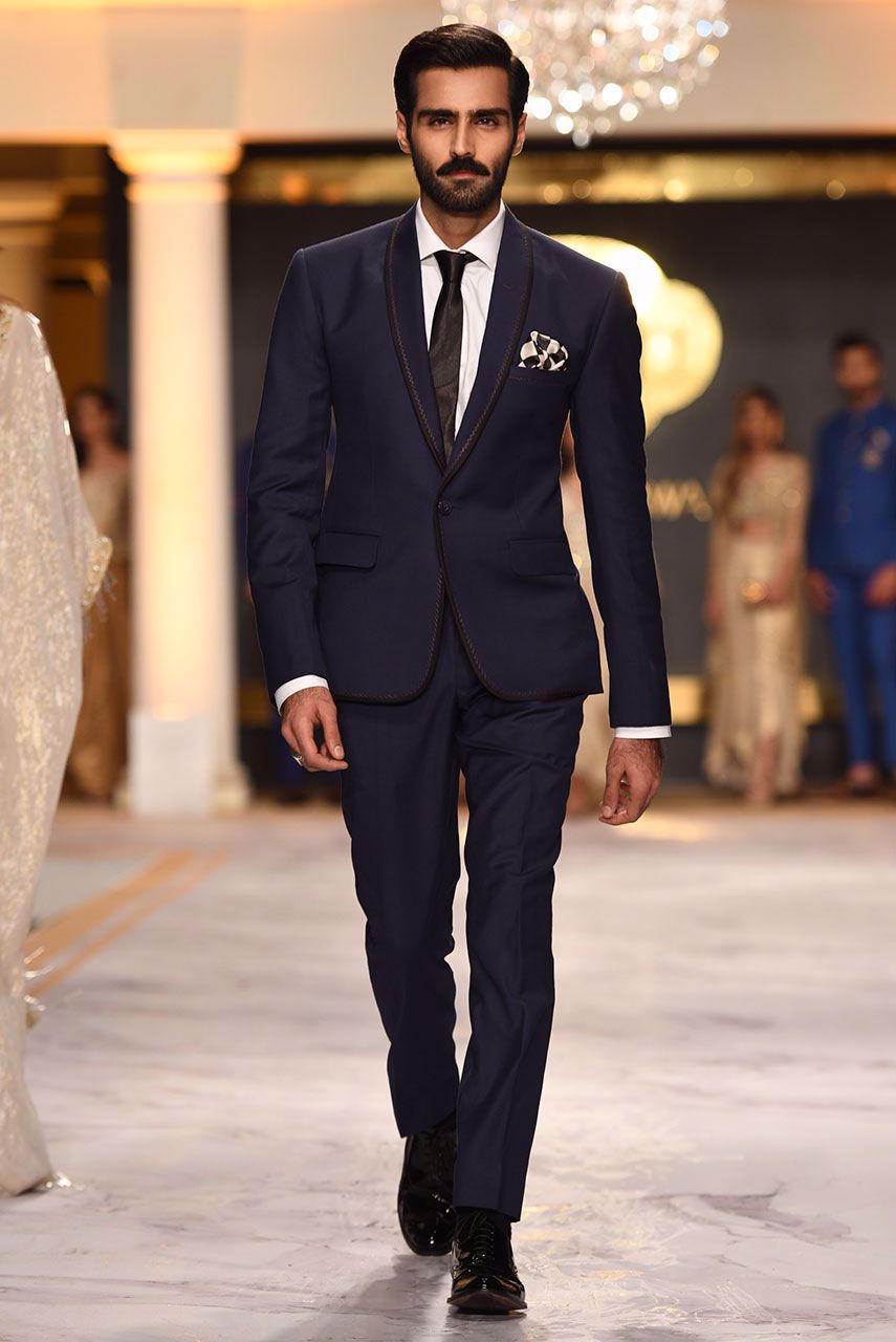 Navy Blue Herringbone Lapel Wool Tuxedo (2-Piece) - Image 1
