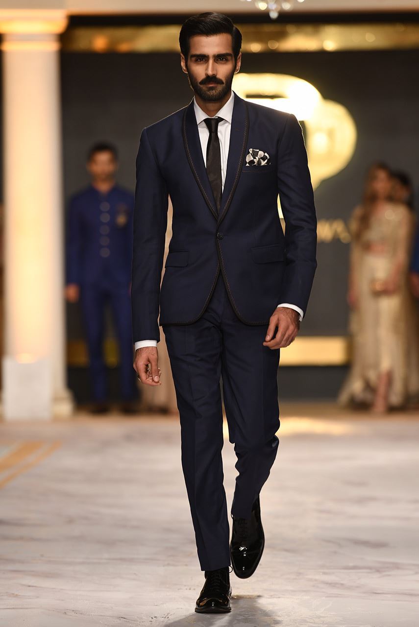 Navy Blue Herringbone Lapel Wool Tuxedo (2-Piece) - Image 2