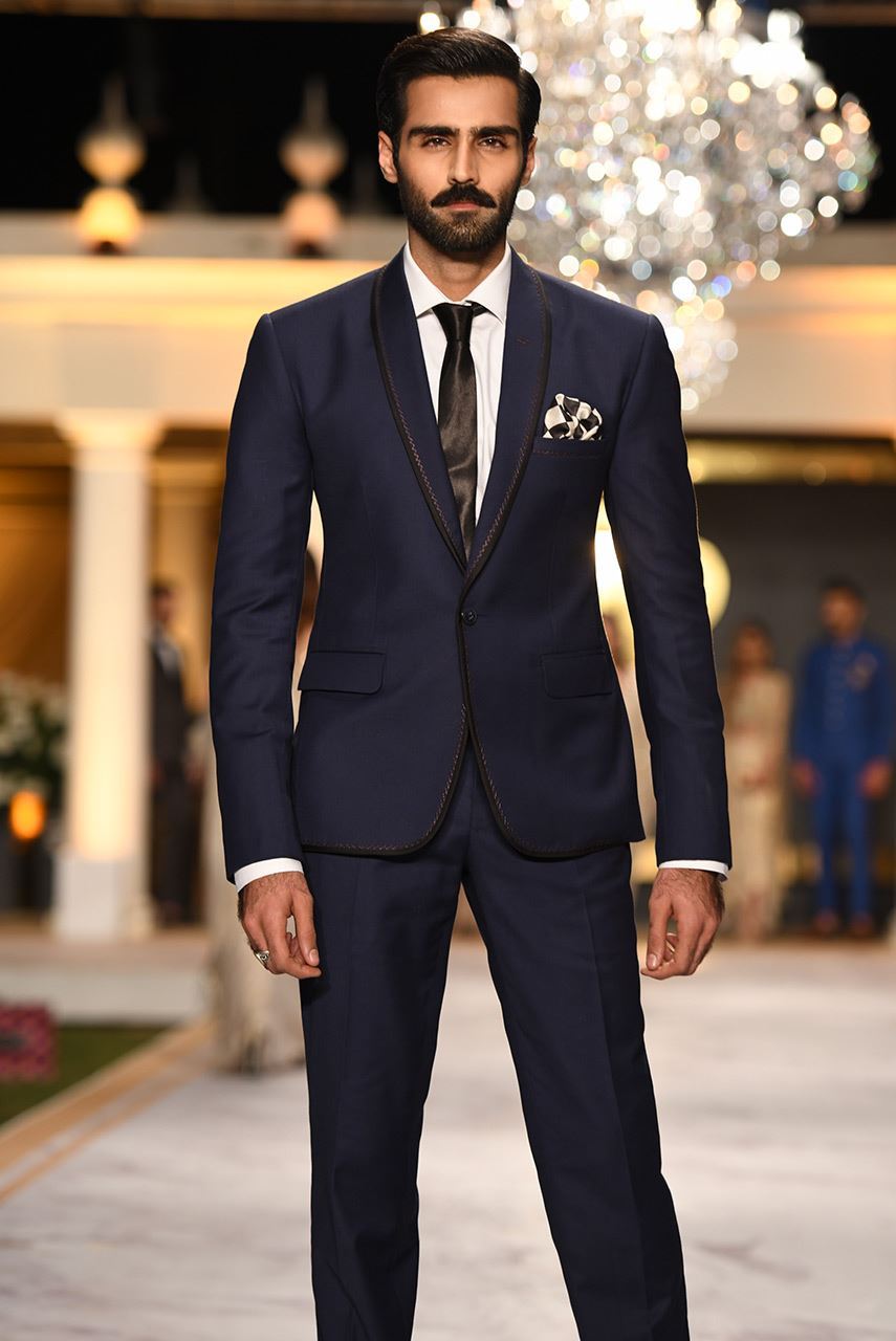 Navy Blue Herringbone Lapel Wool Tuxedo (2-Piece) - Image 3