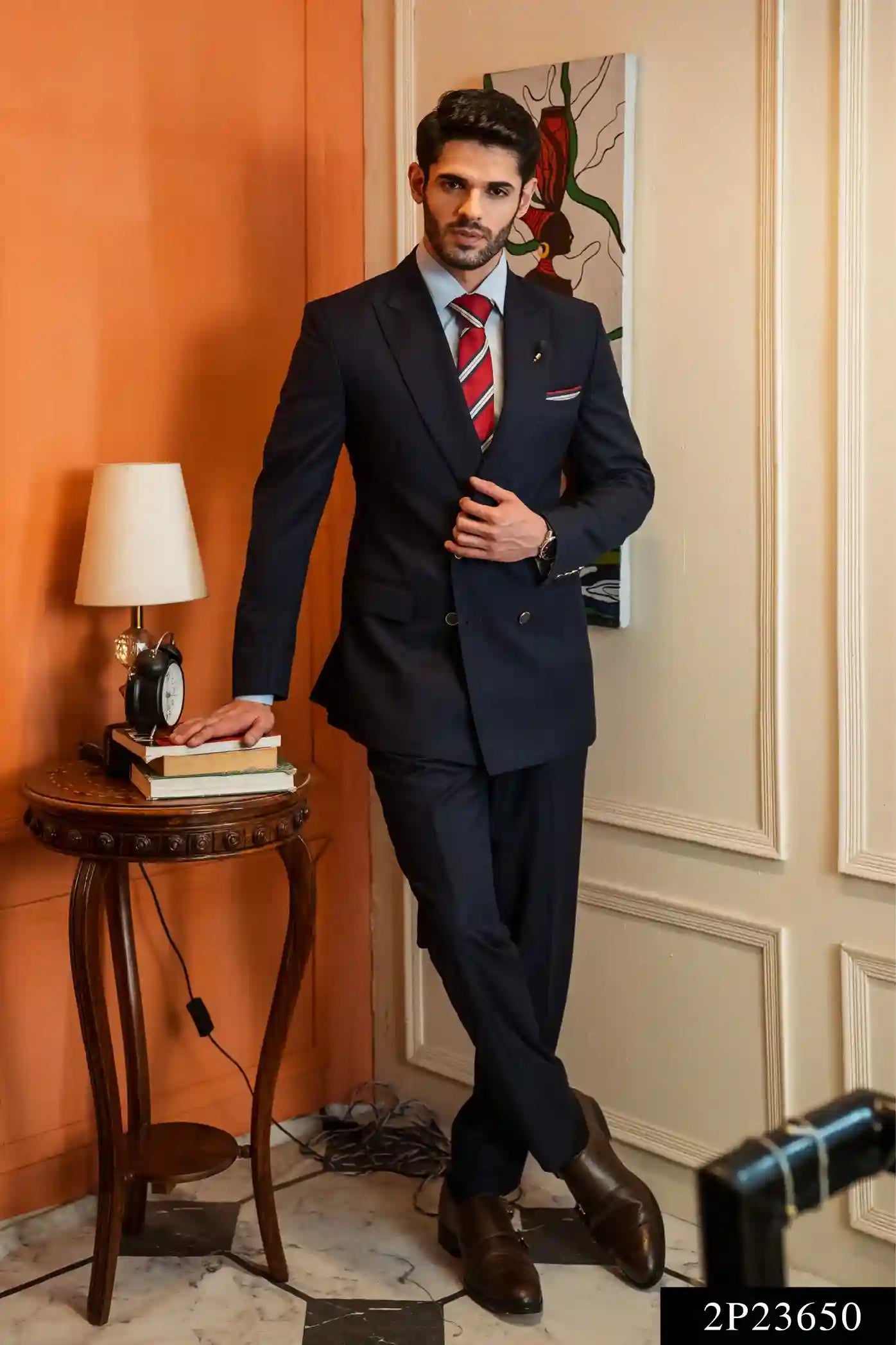 Navy Blue Double-Breasted Suiting Fabric Two-Piece - Image 1