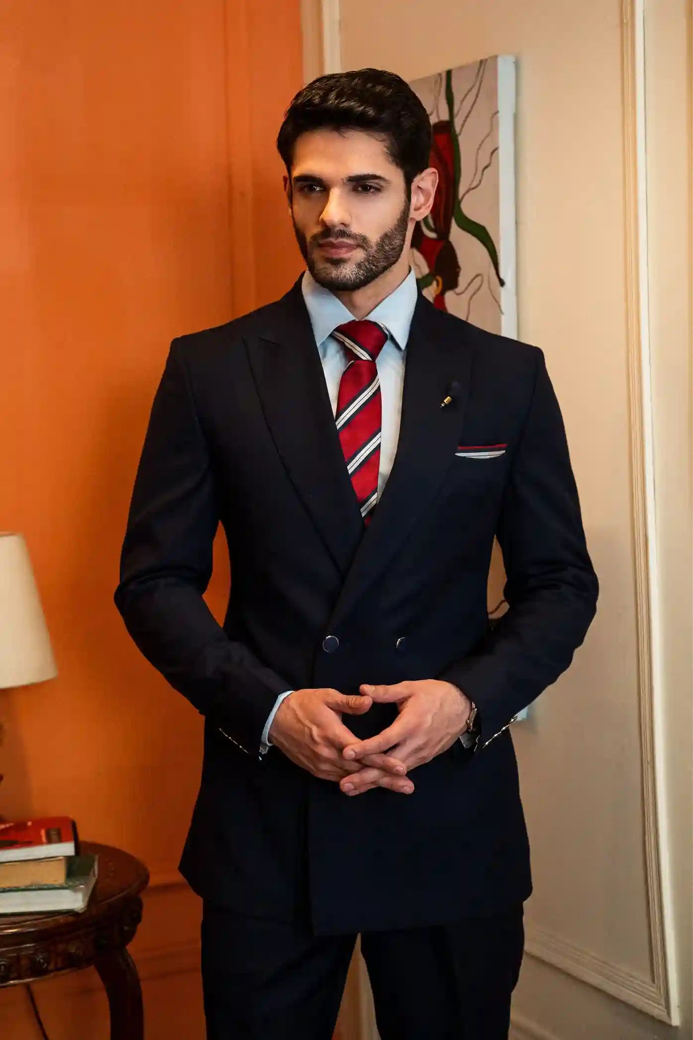 Navy Blue Double-Breasted Suiting Fabric Two-Piece - Image 2