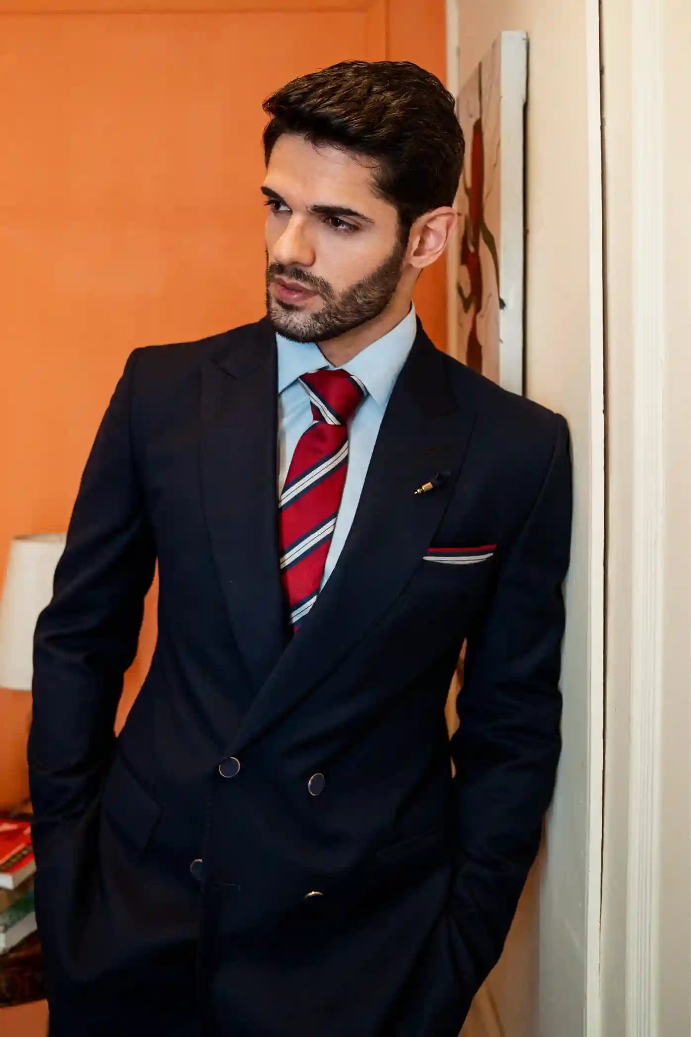 Navy Blue Double-Breasted Suiting Fabric Two-Piece - Image 3