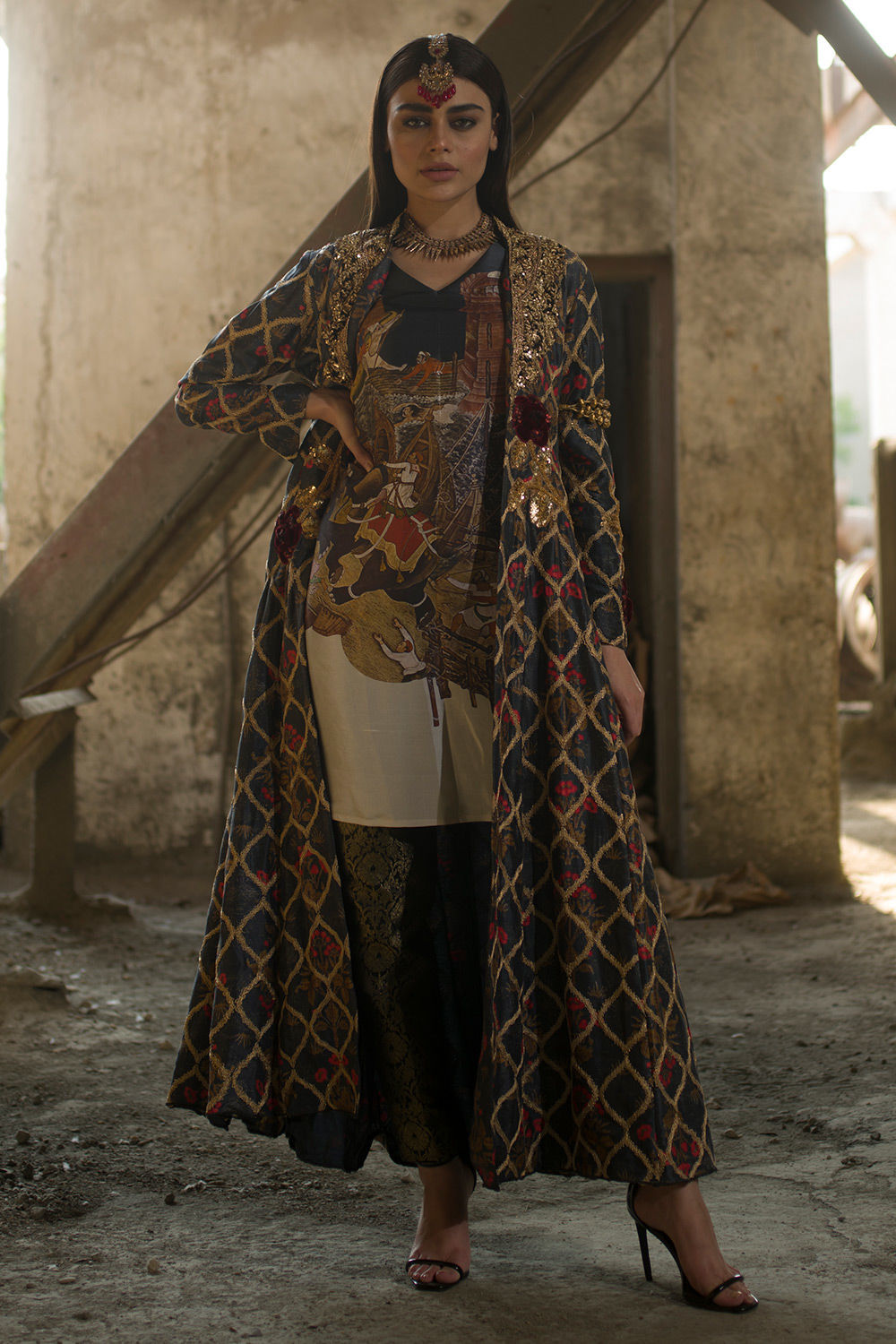 Pakistani Navy Zardozi Silk & Brocade Overcoat Set (3-Piece) - Image 8