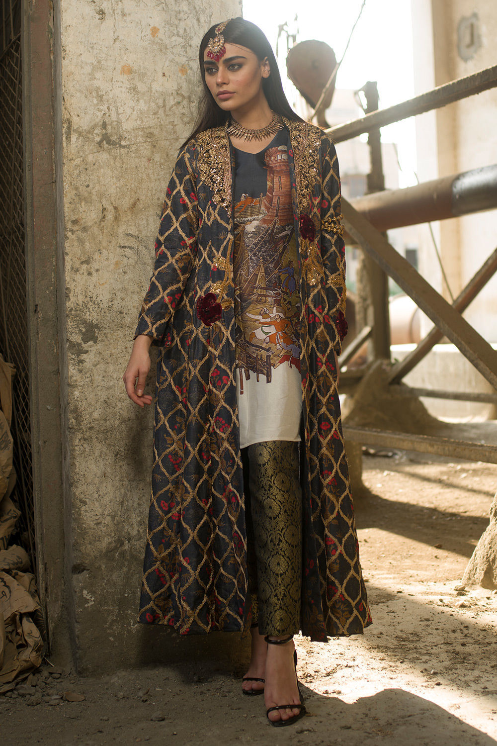 Pakistani Navy Zardozi Silk & Brocade Overcoat Set (3-Piece) - Image 9