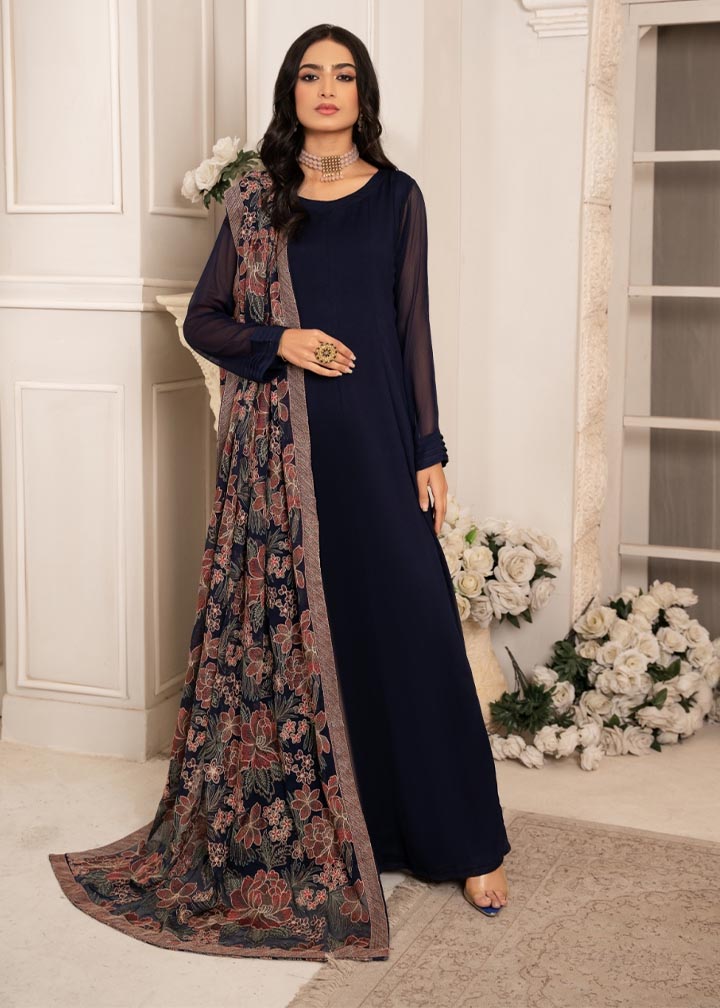Pakistani Navy Blue Embroidered Chiffon Pishwas (2-Piece) - Image 1