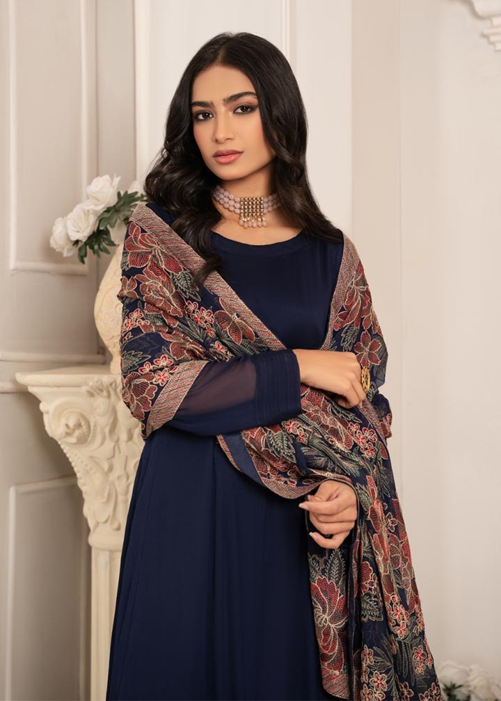 Pakistani Navy Blue Embroidered Chiffon Pishwas (2-Piece) - Image 2