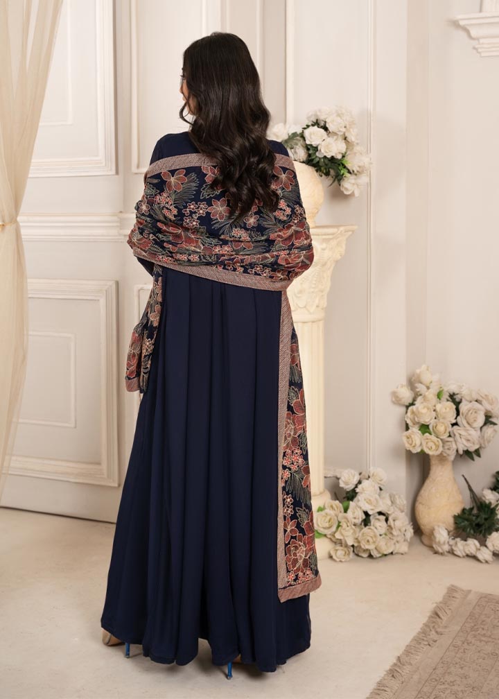 Pakistani Navy Blue Embroidered Chiffon Pishwas (2-Piece) - Image 3