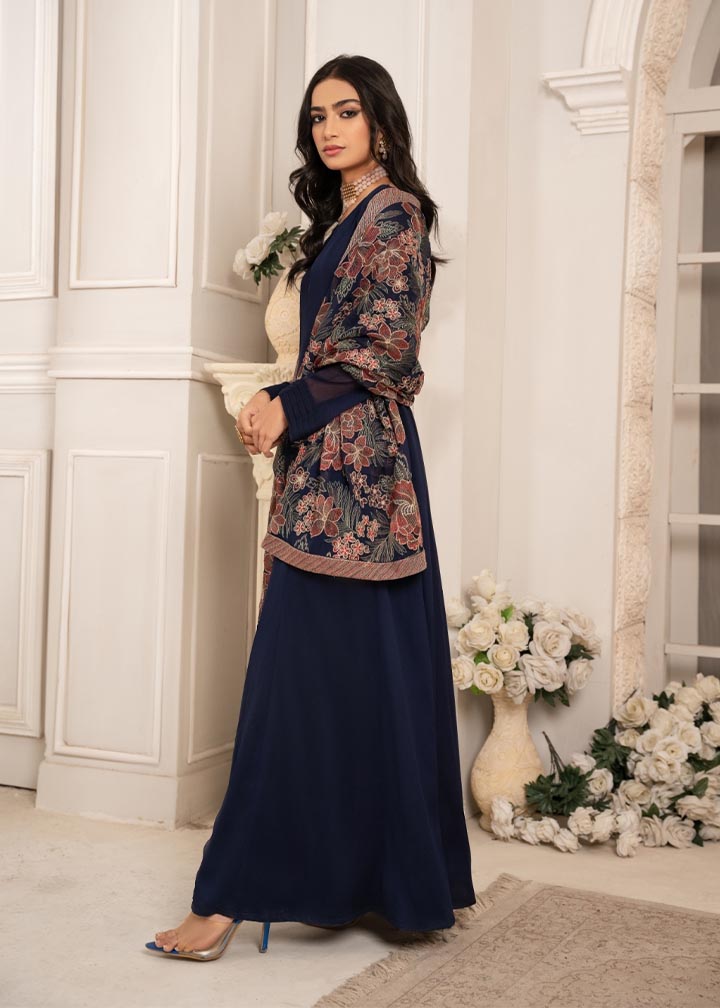 Pakistani Navy Blue Embroidered Chiffon Pishwas (2-Piece) - Image 5