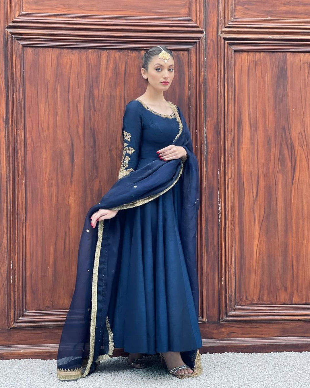 Pakistani Navy Hand-Embellished Korean Raw Silk Pishwas (3-Piece) - Image 1